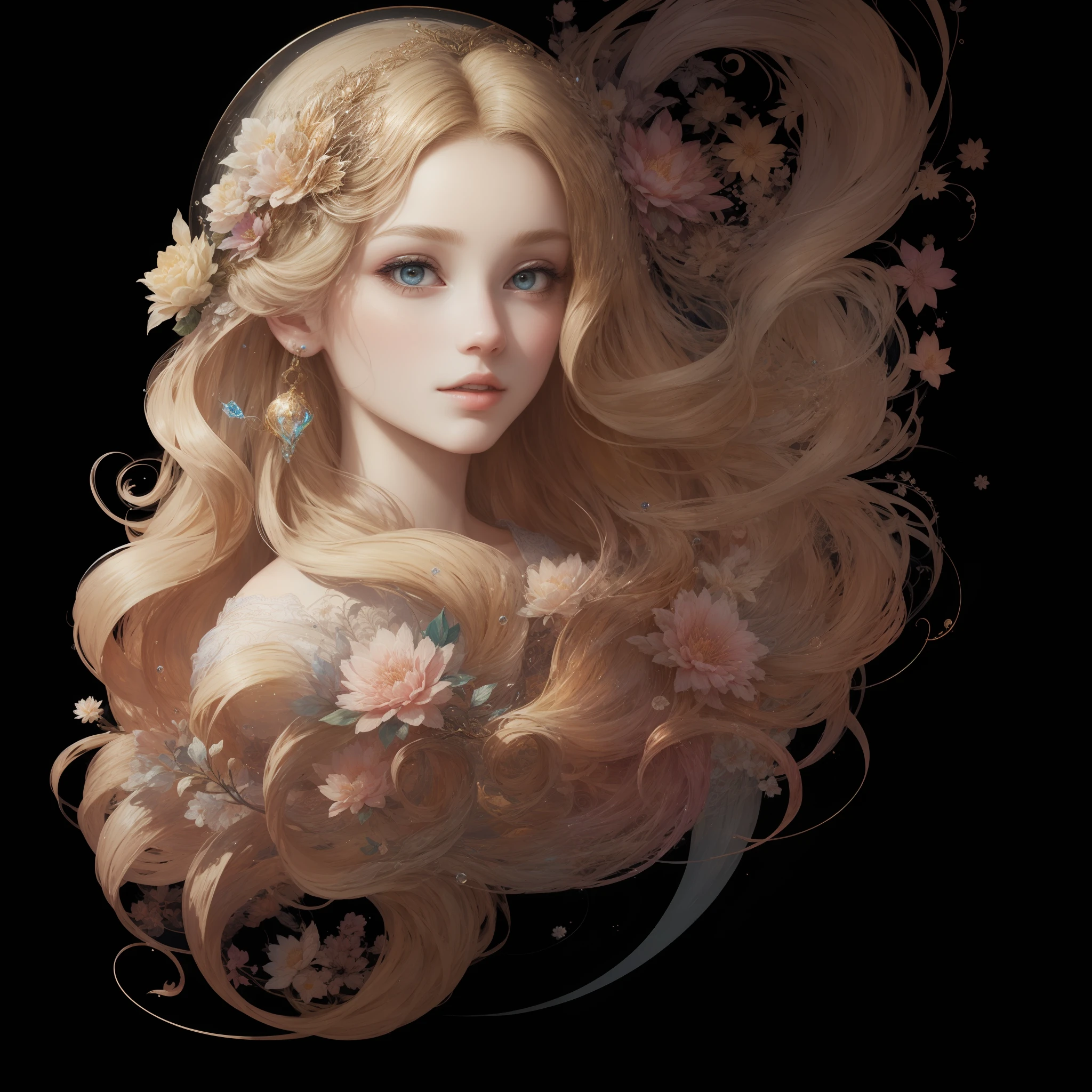 ((Masterpiece)), high quality, super detailed, blonde hair + white clothing: 1.2, sweet and delicate girl, bjd, lolita, delicate facial features, perfect figure, face with pearl decoration, surrounding bubbles, bright bright colors, romantic long hair, natural light, warm and sweet, brown eyes, gorgeous hair decoration.