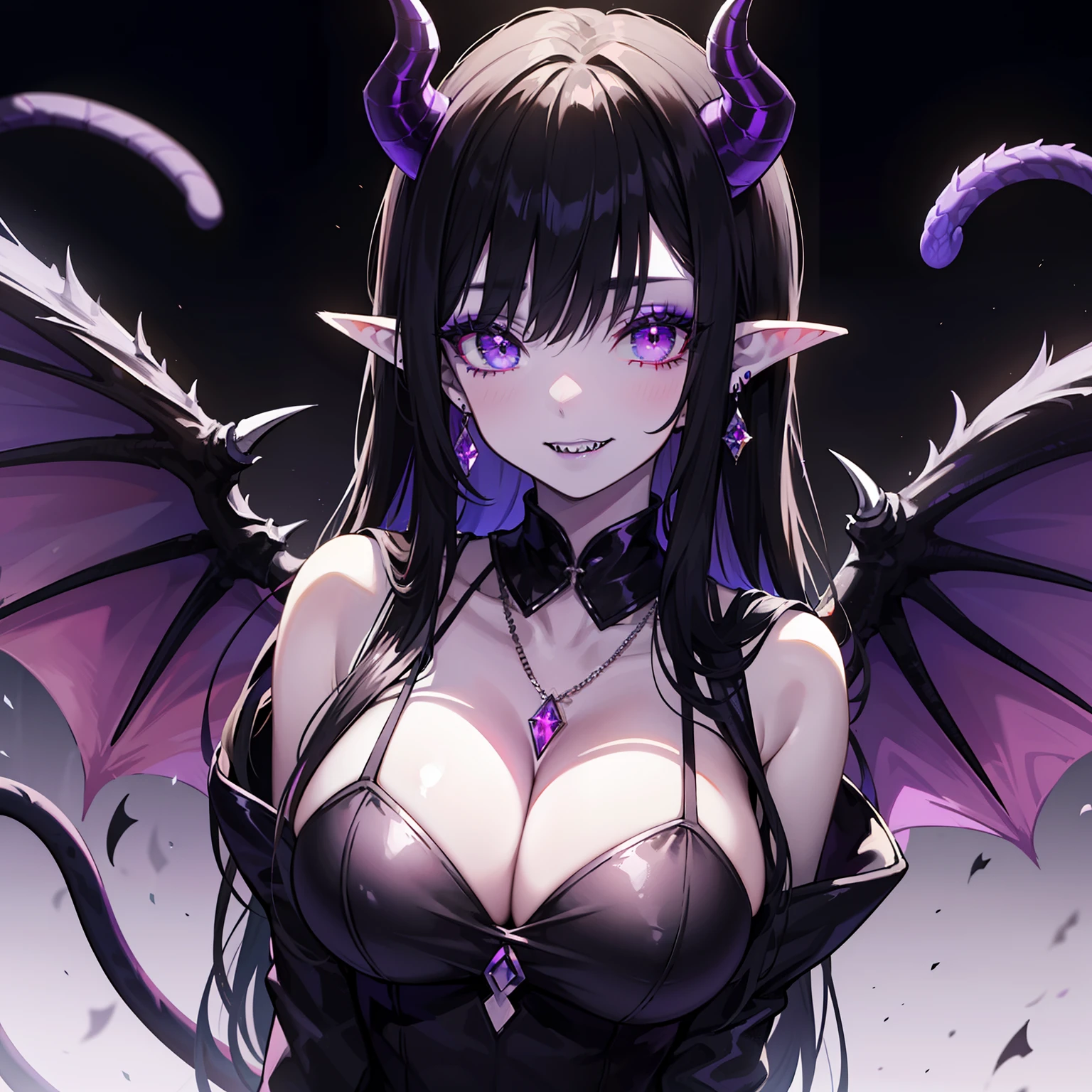 1girl, solo, big breasts, demon, purple eyes, sharp teeth, long pointy black nails, long straight hair, black hair, purple horns, black lipstick, elf ears, diamond earrings, purple necklace, light purple tail, cinematic lighting, cat eyes, demon wings, horns, black lips, makeup, black makeup, pointy nails, black nails, demon horns, long tongue, dragon wings, purple dragon wings, pale skin, tail