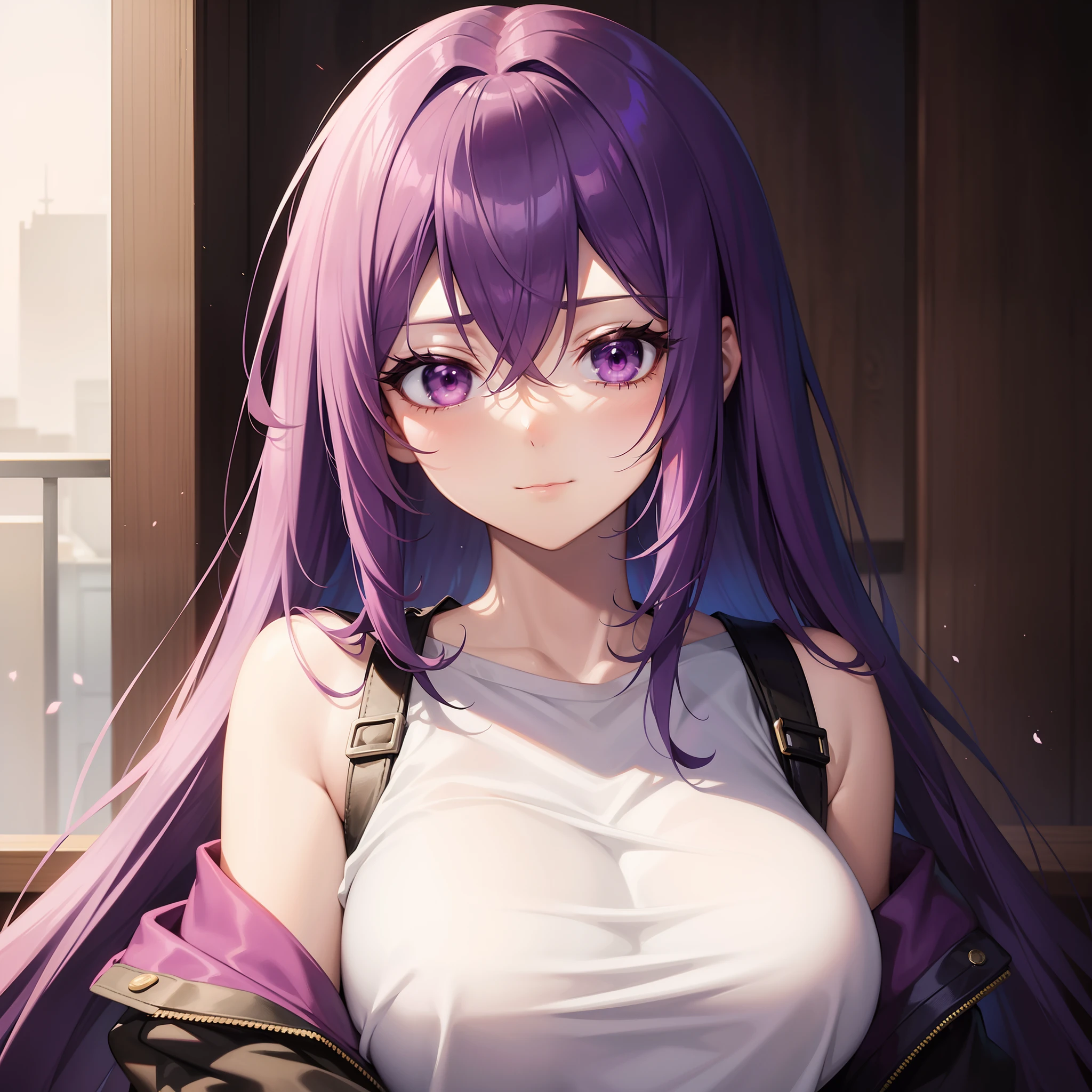 A pretty anime lady, wearing casual clothes, a lady with long purple hair and purple eyes, is looking at you shyly, is shy at you