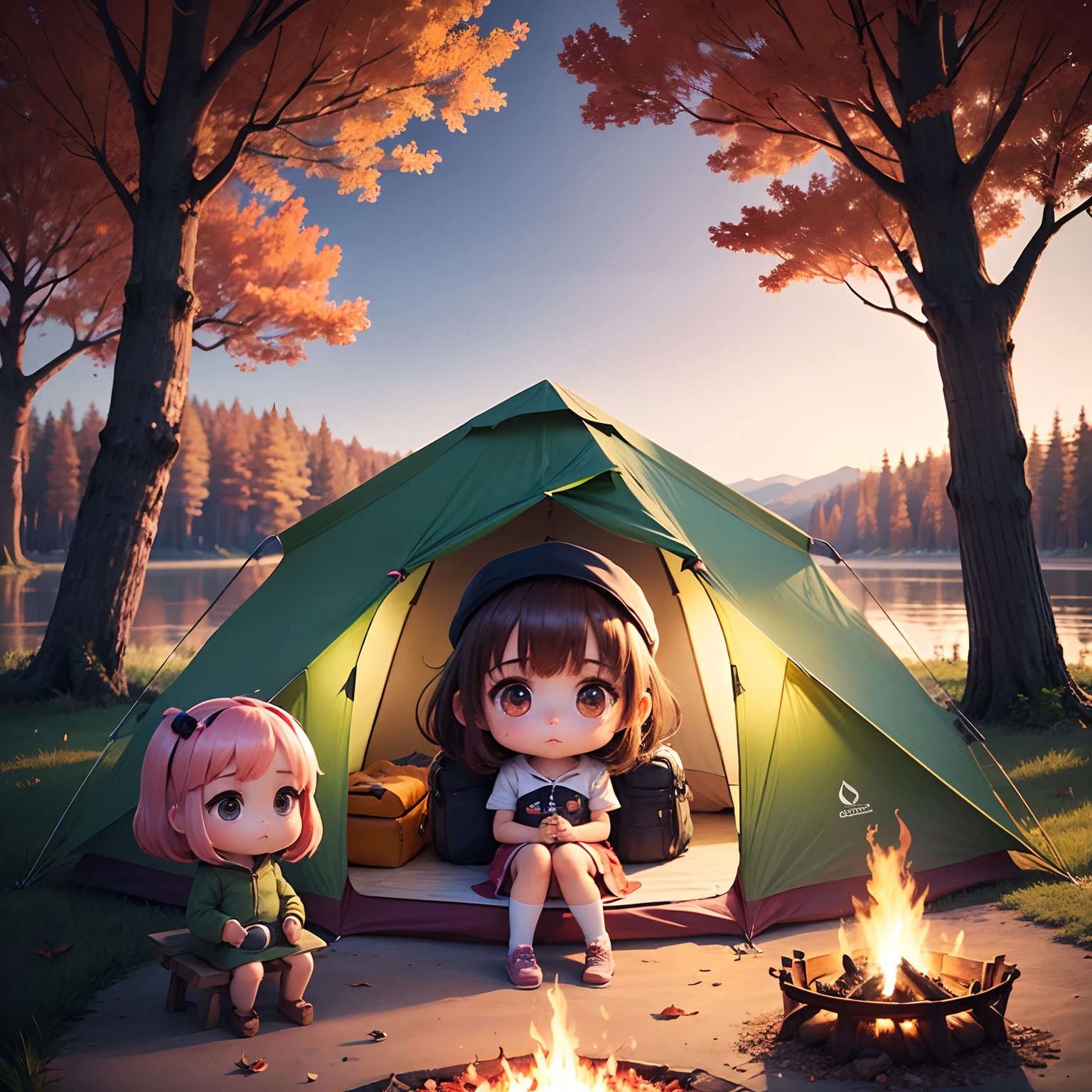 masterpiece、top-quality、ultra-detailliert、(Chibi Chara's Daughter:1.2)、camp、Outside the tent、Camping equipment、bonfire、Sit on recline、Fairytale autumn forest、by lake