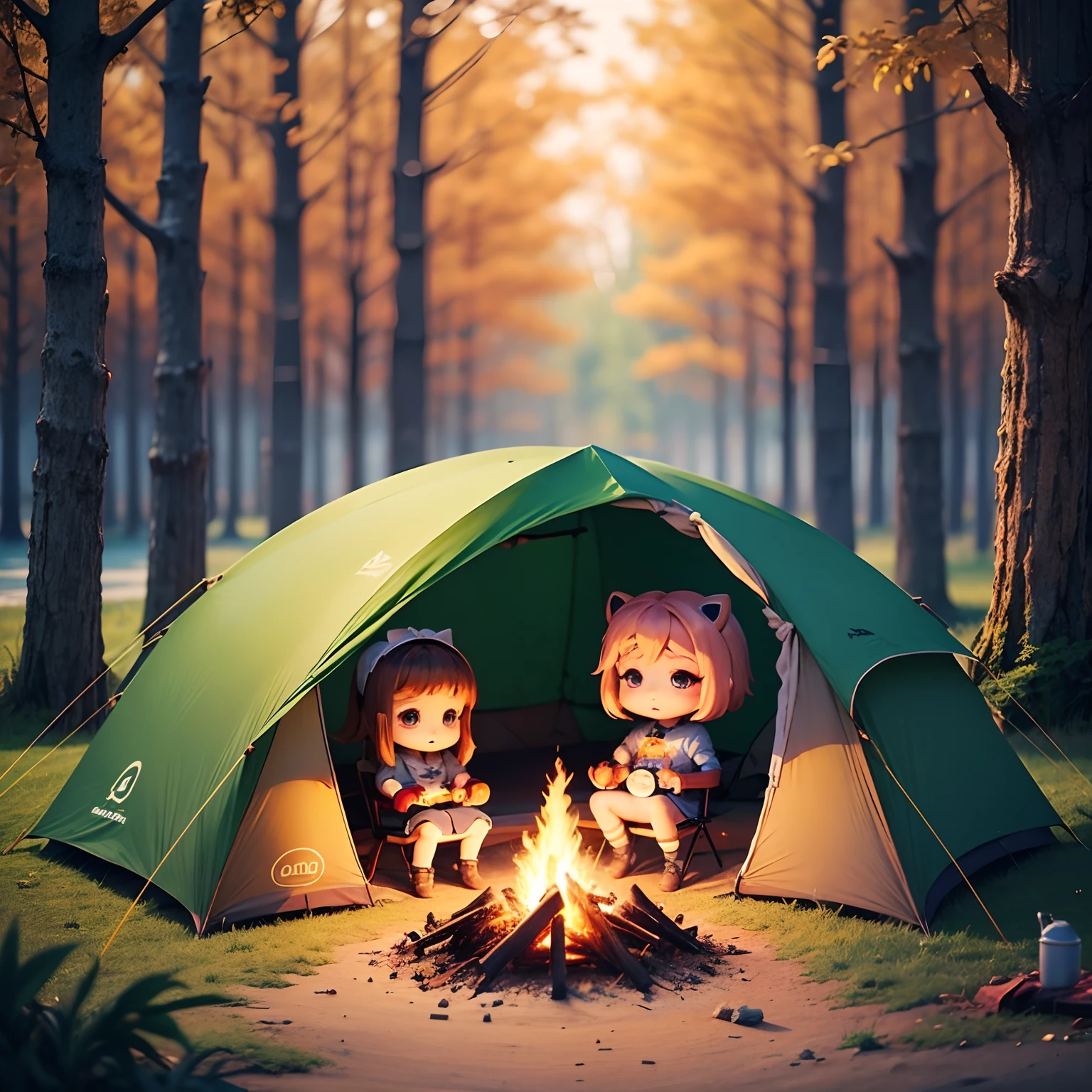 ​masterpiece、top-quality、ultra-detailliert、(Chibi Chara's Daughter:1.2)、camp、Outside the tent、Camping equipment、bonfire、Sit on recline、Fairytale autumn forest、by lake