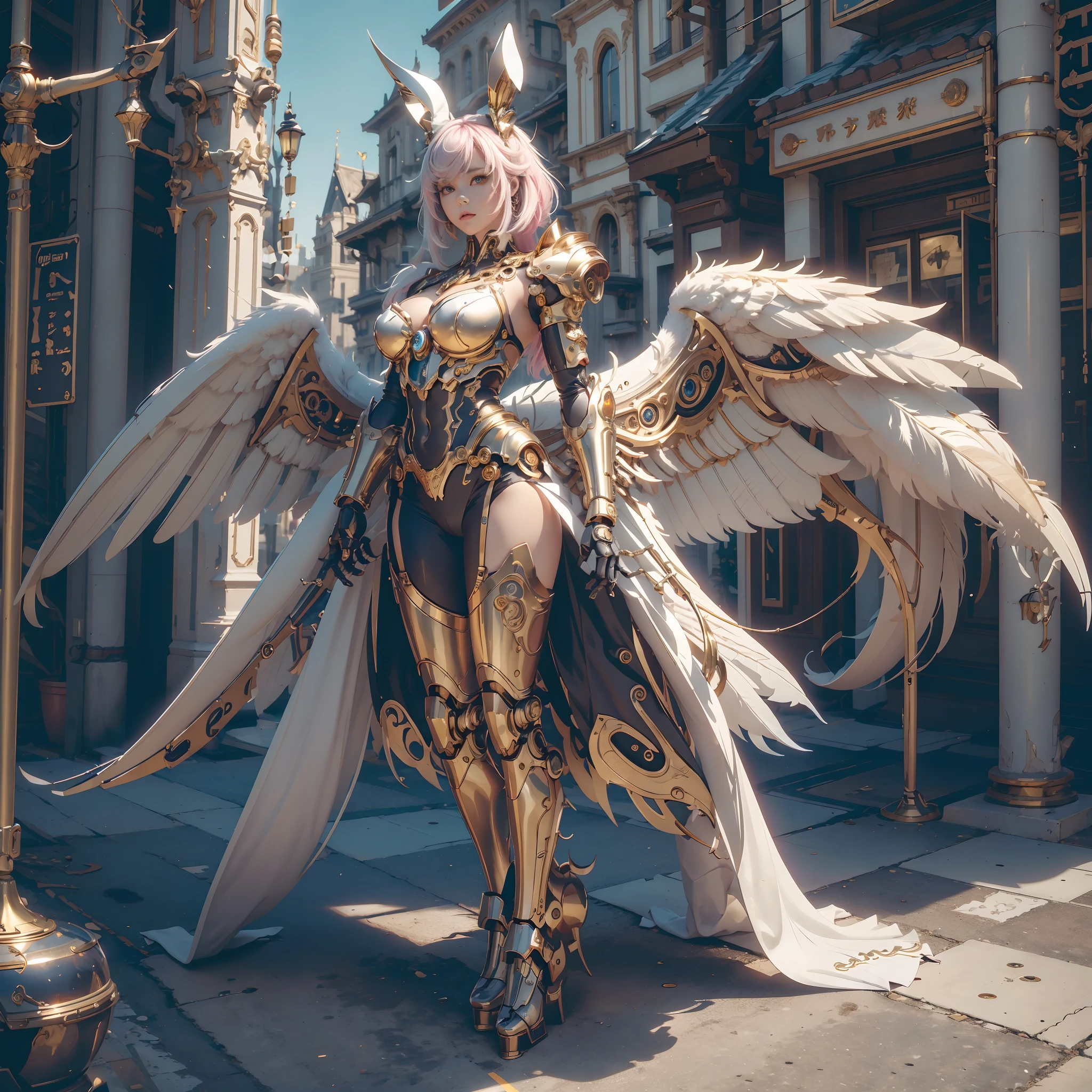wide wide shot,(Best quality,Masterpiece:1.2),(cyborg people), Rabbit ears,Colored hair,(She has a pair of huge feathered wings behind her shoulders),gold,perfectly proportions,(Her metal mechanical limbs),(Footwear),Slim,Shiny metal。(Facing the lens,Central symmetry),standing on your feet,(futuristic street),Vibrant colors,The lighting is dramatic, Bright areas contrast strongly with deep shadows, creating a sense of depth and dimension. The overall composition is vibrant and captivating, Grace, There is also a touch of mystery.