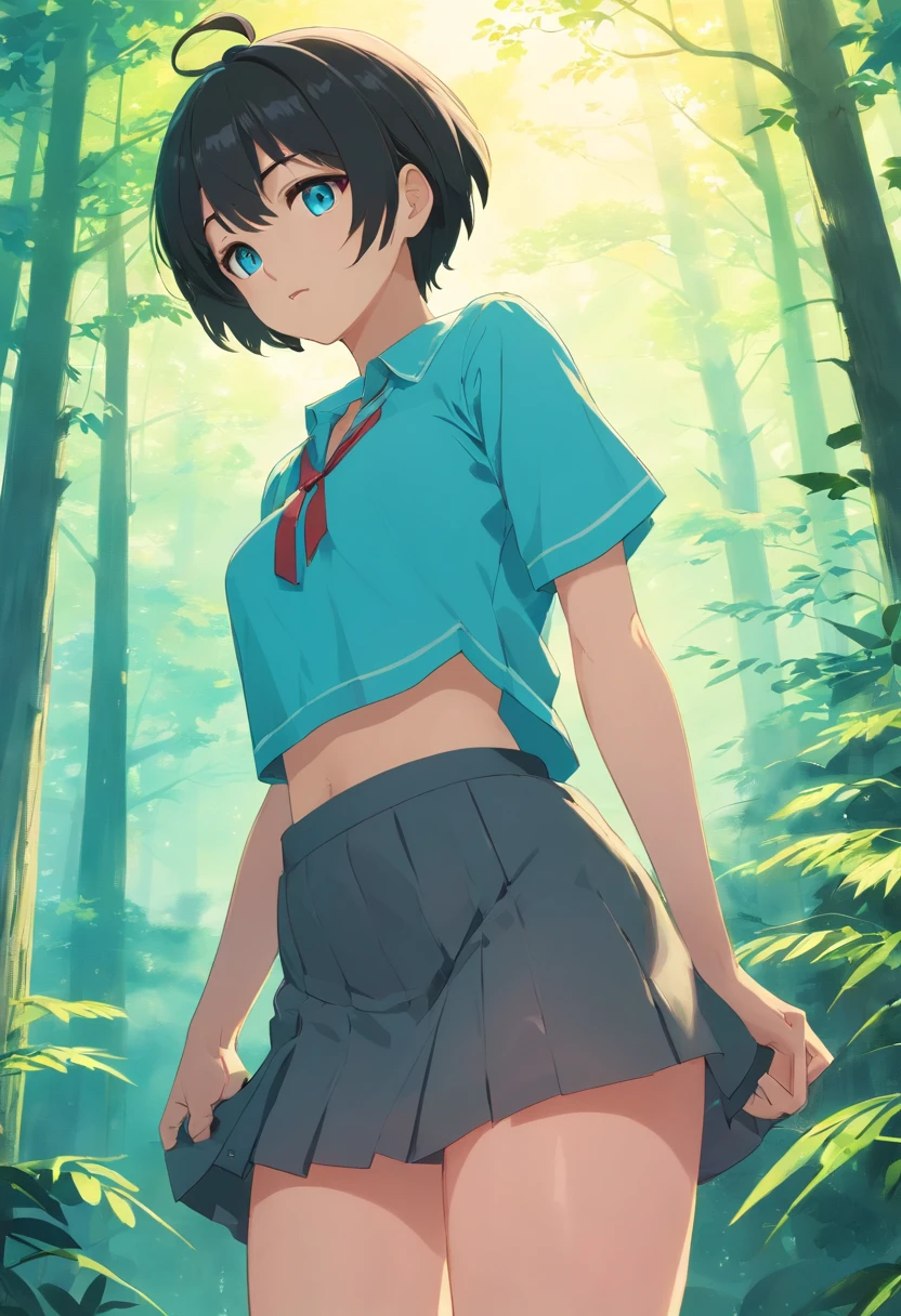 schoolgirls，18yr old，with short black hair，Turquoise blue eyes，gigantic cleavage breasts，Transparent white mini-short top，did not wear underwear，Transparent white miniskirt，revealing her belly，exposing thighs，Lie down，On stone，Bend and spread your legs，Under the big tree，In the forest，There are six black feral cats