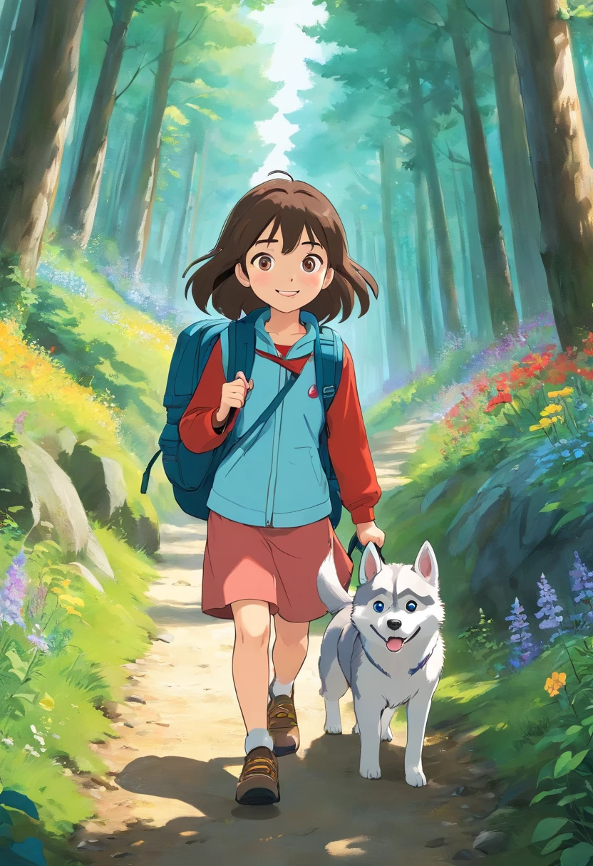 A 6-year-old girl carrying a hiking bag, ssmile, On a forest path, Face the lens, A adorable husky followed, wildflowers, Far Mountain, the woods.