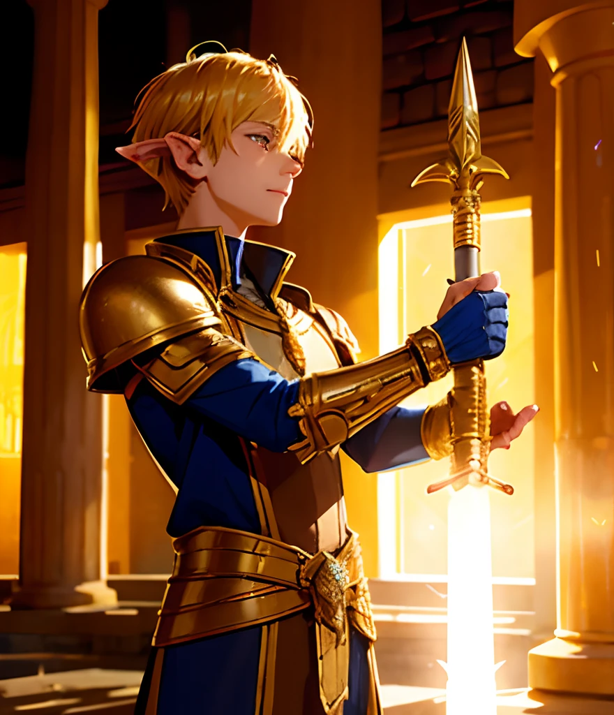 1 boy, a young elf paladin, fully dressed in armor with gold details, with a fire sword, in an Egyptian temple, D&amp;D, masterpiece, best quality, high contrast, soft lighting, backlighting, blooming, light sparkles, chromatic aberration, smooth, sharp focus, rosto bonito