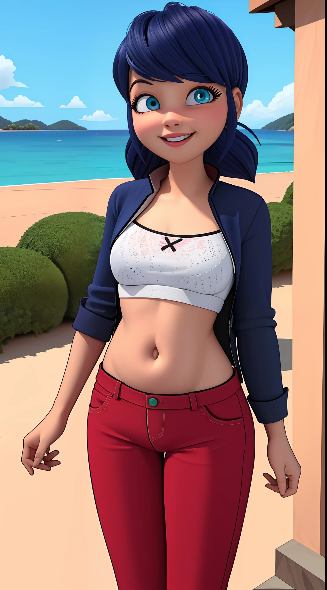 (8k, RAW photo, best quality, masterpiece:1.2), (intricate details), perfect eyes, perfect face, perfect lighting, beautiful, (masterpiece:1.2), (best quality:1.2), 1girl, solo, marinette, blue hair, ((long hair down)), adult torso, 18 years old, slight smile, large sized breasts,  cowboy shot, 3DMM,underboobs, garters, underboobs, bellybutton diamond, bigger breast, naked, hard nipples,
