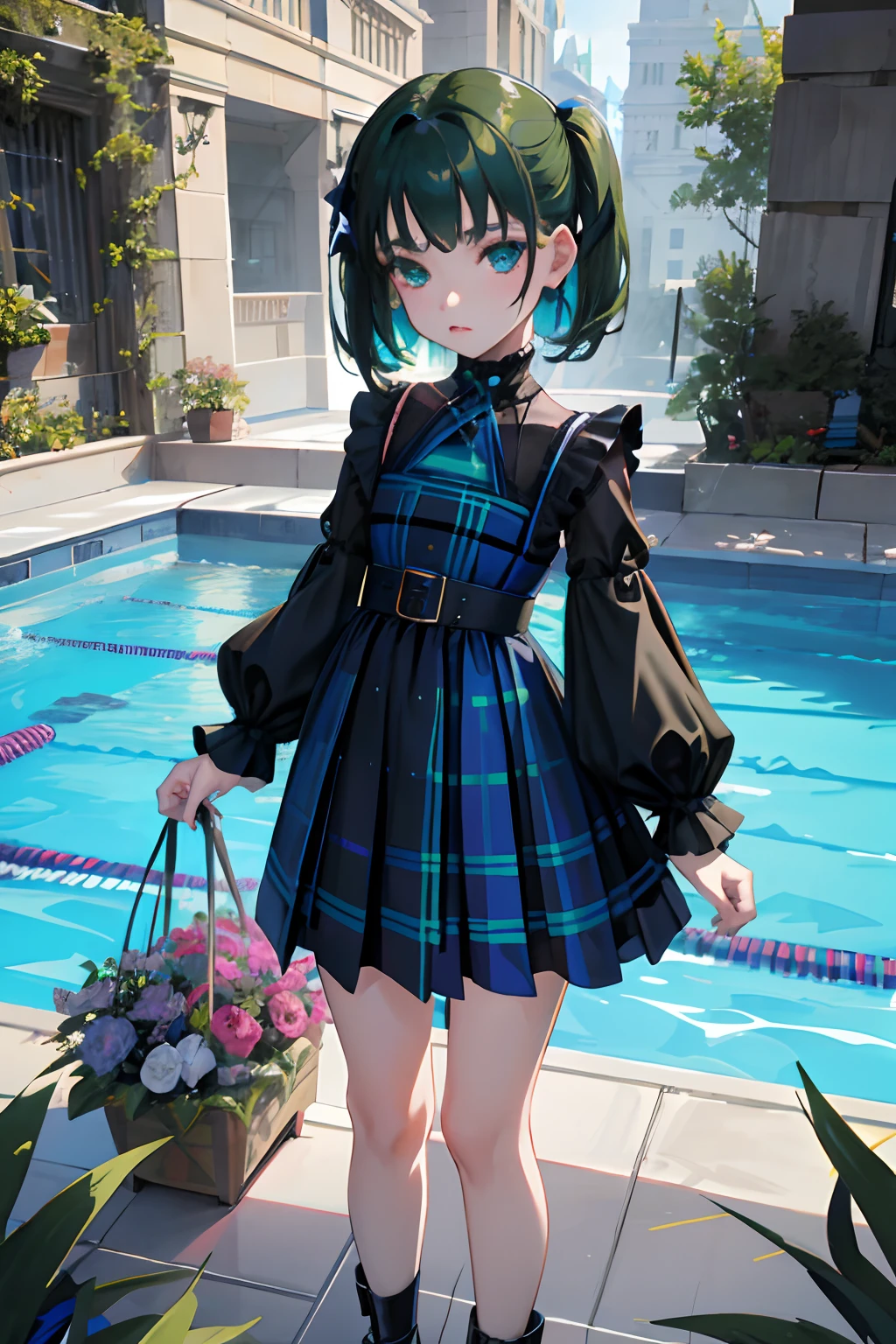 Standing,Knees,Curtsey,lift up one's skirt,(child:1.4),(masterpiece,Highest Quality),(Blue-green goth spank,Burberry Plaid),Sleepy face,A dark-haired,swimming pools