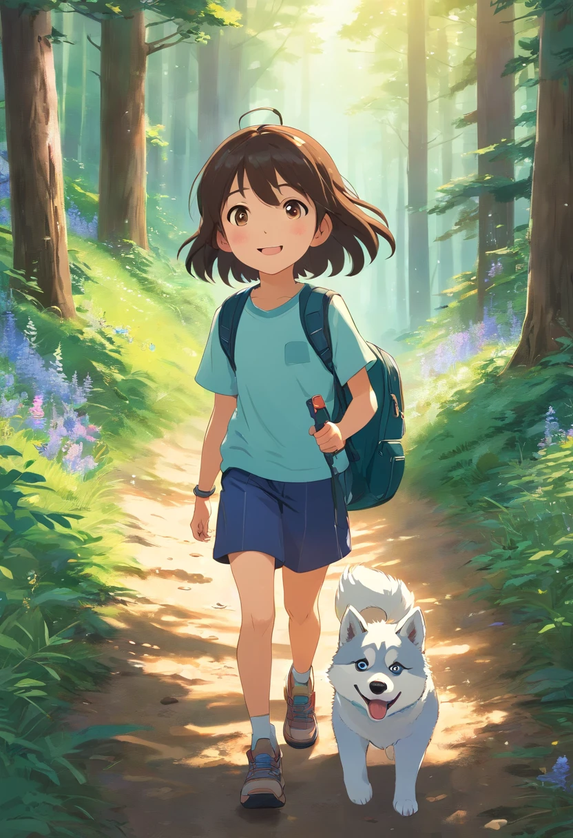 A 6--old l carrying a hiking bag, ssmile, On a forest path, Face the lens, A adorable husky followed, wildflowers, Far Mountain, the woods.