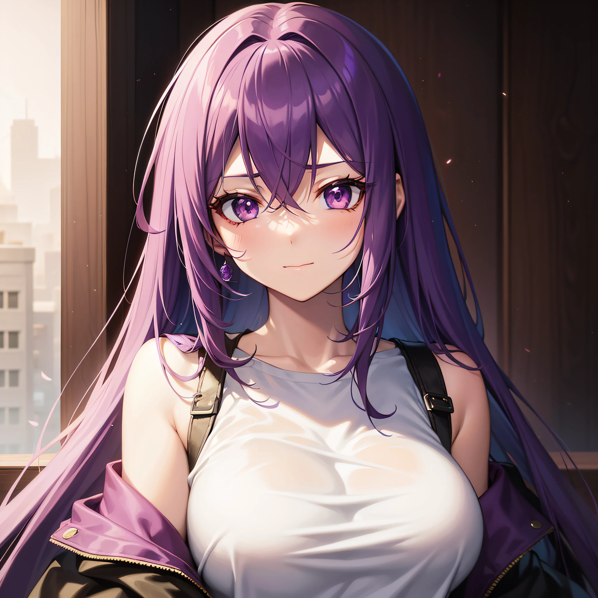 A pretty anime lady, wearing casual clothes, a lady with long purple hair and purple eyes, is looking at you shyly, is shy at you
