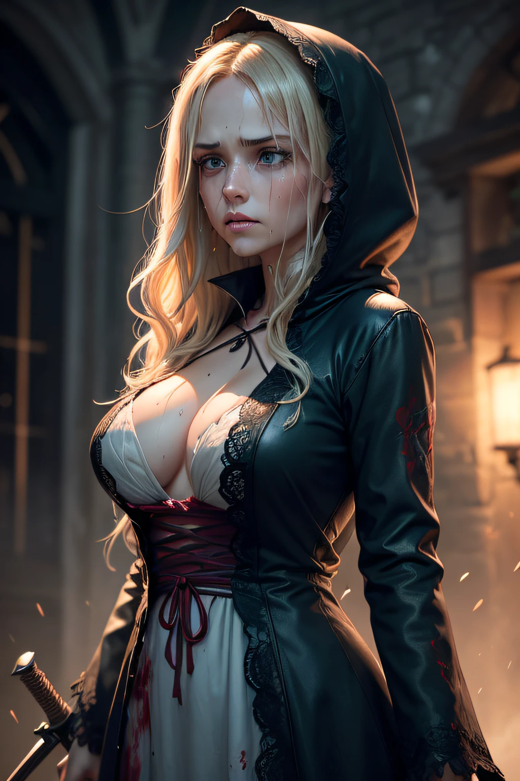 A horror picture of A slender adult vampire woman with large breasts, With wavy wet blonde hair wearing a wet, blood soaked, light blue flower print ripped sundress that clung to her blood covered body. She has a worried look in her eyes as she is crying. vampire fang's showing from her mouth. Mascara running down her face. A tear rolling down one cheek. the background is in the city at nite 12 am. Rain falling from the sky. She has black hoodie on. The hood over her head. A long dagger held in one hand. (masterpiece, best quality), (blue eyes), (perfect hands), (High Resolution), (Absurd resolution), (Hyper realistic), (Hyper definition), (Ultra realistic), (HD Resolution), ((detailed face)), ((award-winning)), (high detail), (Sharp,) (8k resolution,) (Cinematic lighting), (soft lighting), (Eye contact), (Hyperdetailed) (Photorealistic) (green eyes), (Blood on cloths), (Blood on body), (Blood in hair), (Blood on knife),