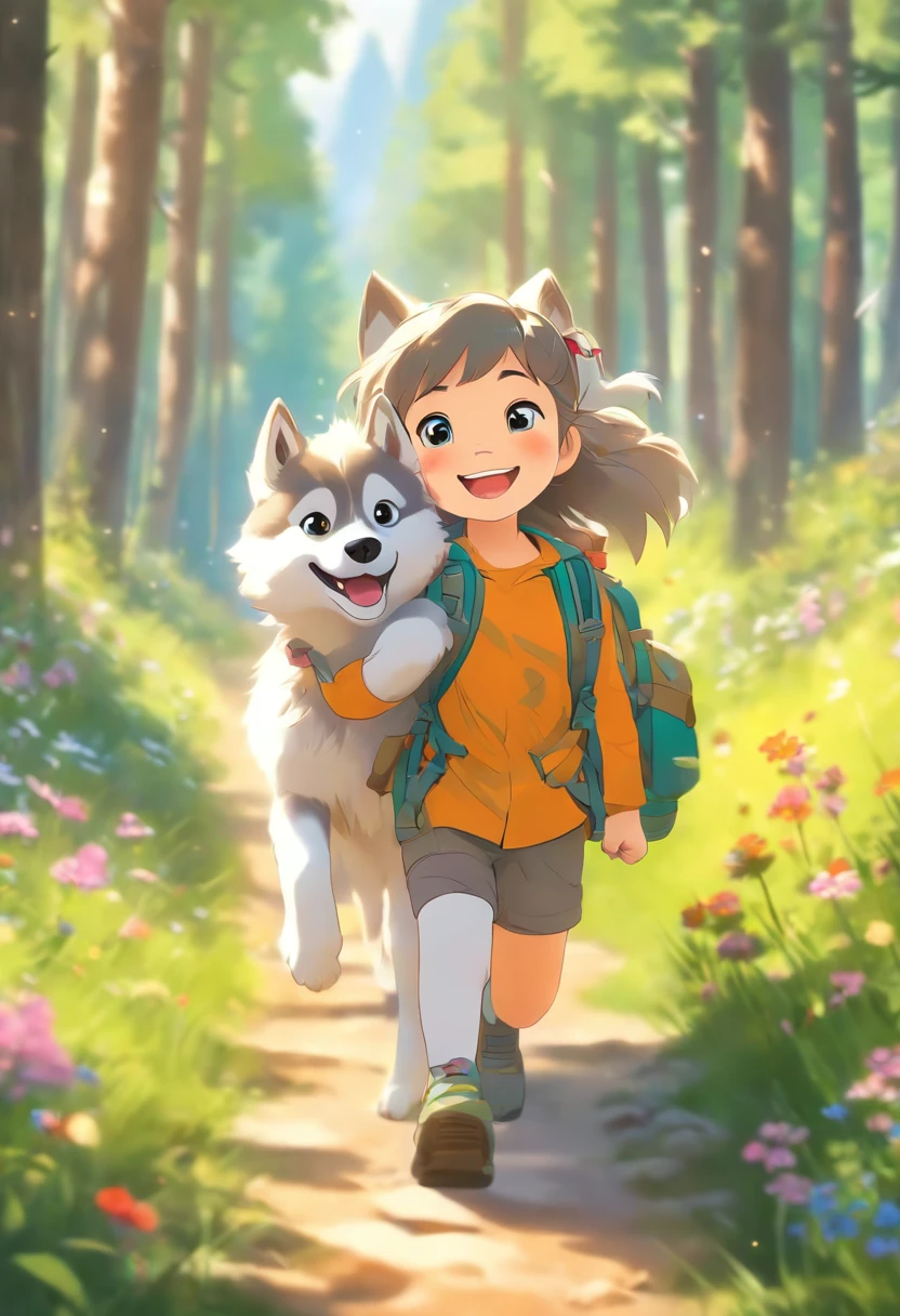 A 6-year-old girl carrying a hiking bag, ssmile, On a forest path, Face the lens, A adorable husky followed, wildflowers, Far Mountain, the woods.