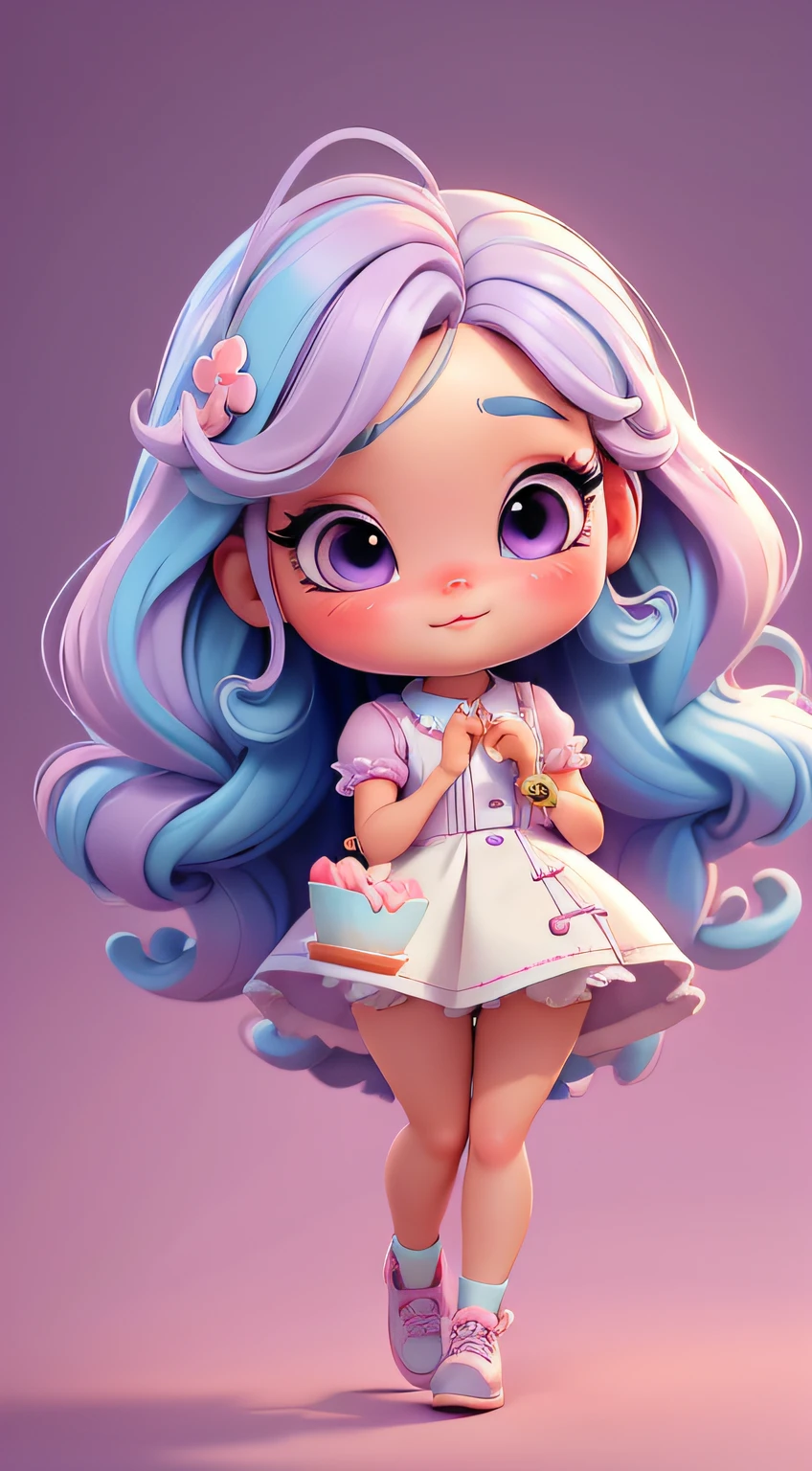 Create a series of cute chibi style dolls themed around cute cake chefs, Each has a lot of detail and 8K resolution. All dolls should follow the same cake cake wallpaper pattern,And complete in the image, Pubic Area Showing (full bodyesbian, including legs: 1.5) Cake Doll F: Call her Marina. She must have little rainbow-colored hair. Your eyes should be large and expressive, Long eyelashes and rosy cheeks. Delicate white smile. Sophie should wear colorful clothes, pastels, Lilac and purple tones and sweet details;. She should have a paintbrush in her hand. Be sure to add details to your clothes, Such as buttons and pockets, Cute shoes Make sure to add shadows, Texture and detail of hair, The clothes ar, Cake and chocolate bar, Make them more cute and charming.