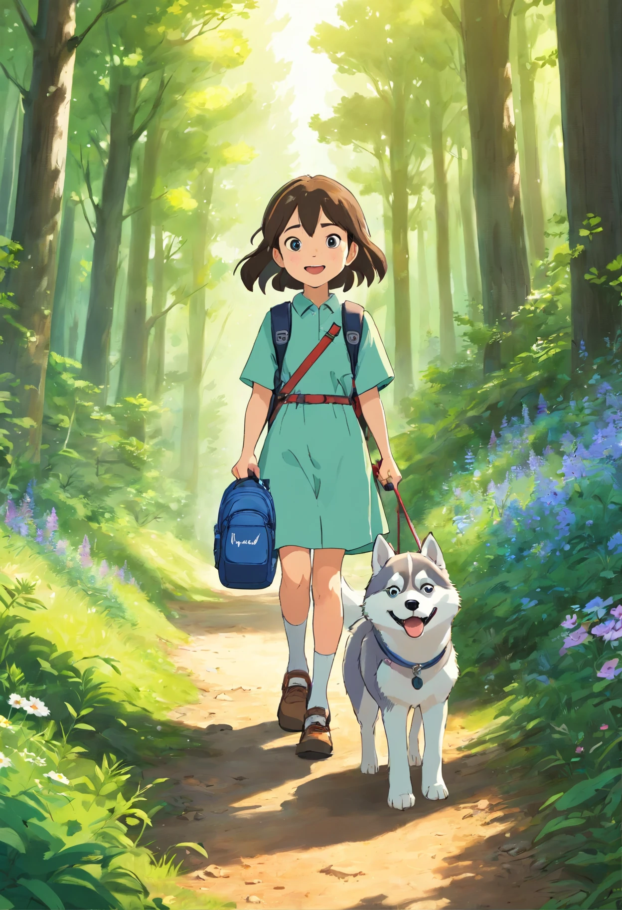 A 6-year-old girl carrying a hiking bag, ssmile, On a forest path, Face the lens, A adorable husky followed, wildflowers, Far Mountain, the woods.