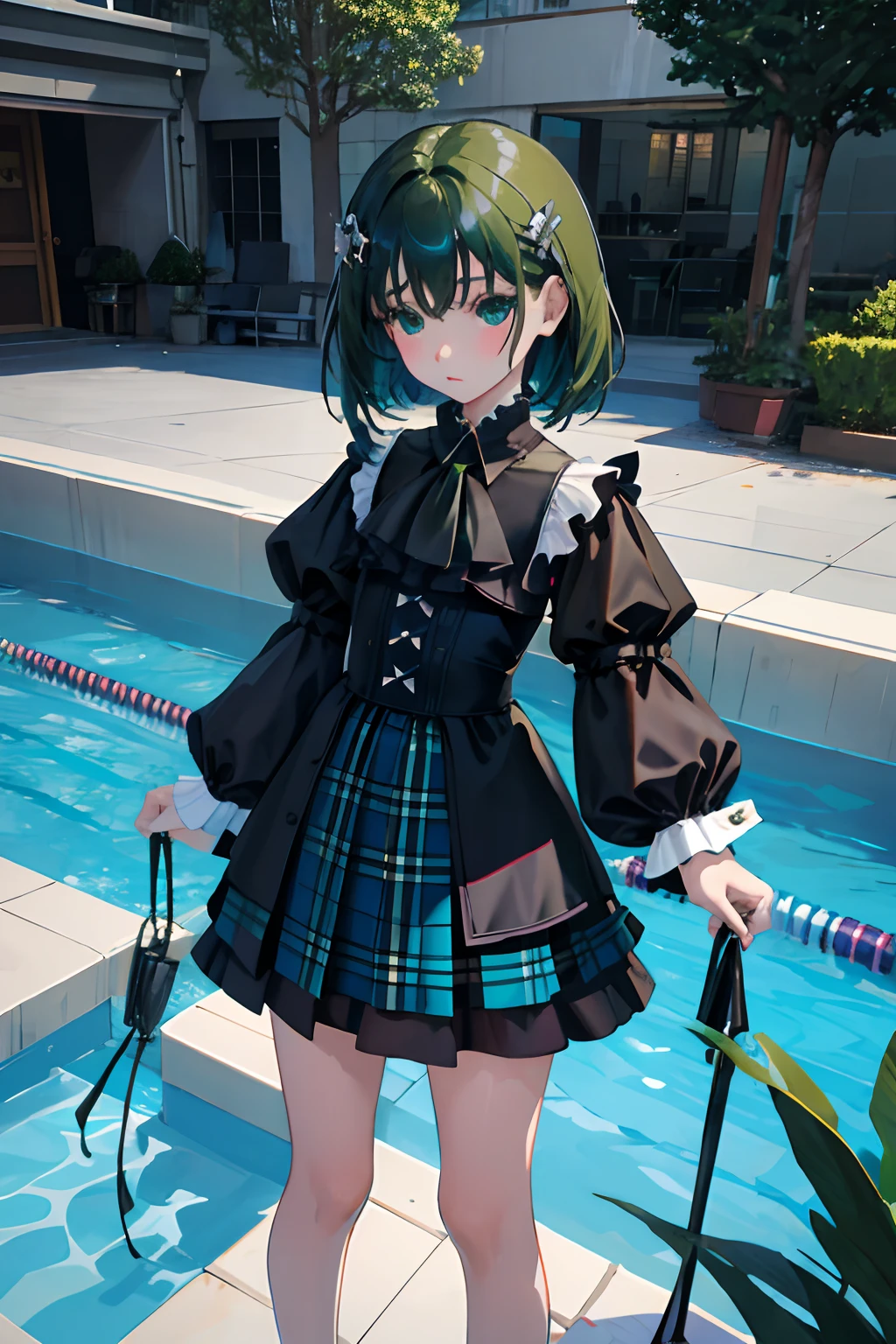 Standing，Knees，Curtsey，lift up one's skirt，(child:1.4)，（​masterpiece，Highest Quality），(Blue-green goth spank，Burberry Plaid)，Sleepy face，A dark-haired，swimming pools