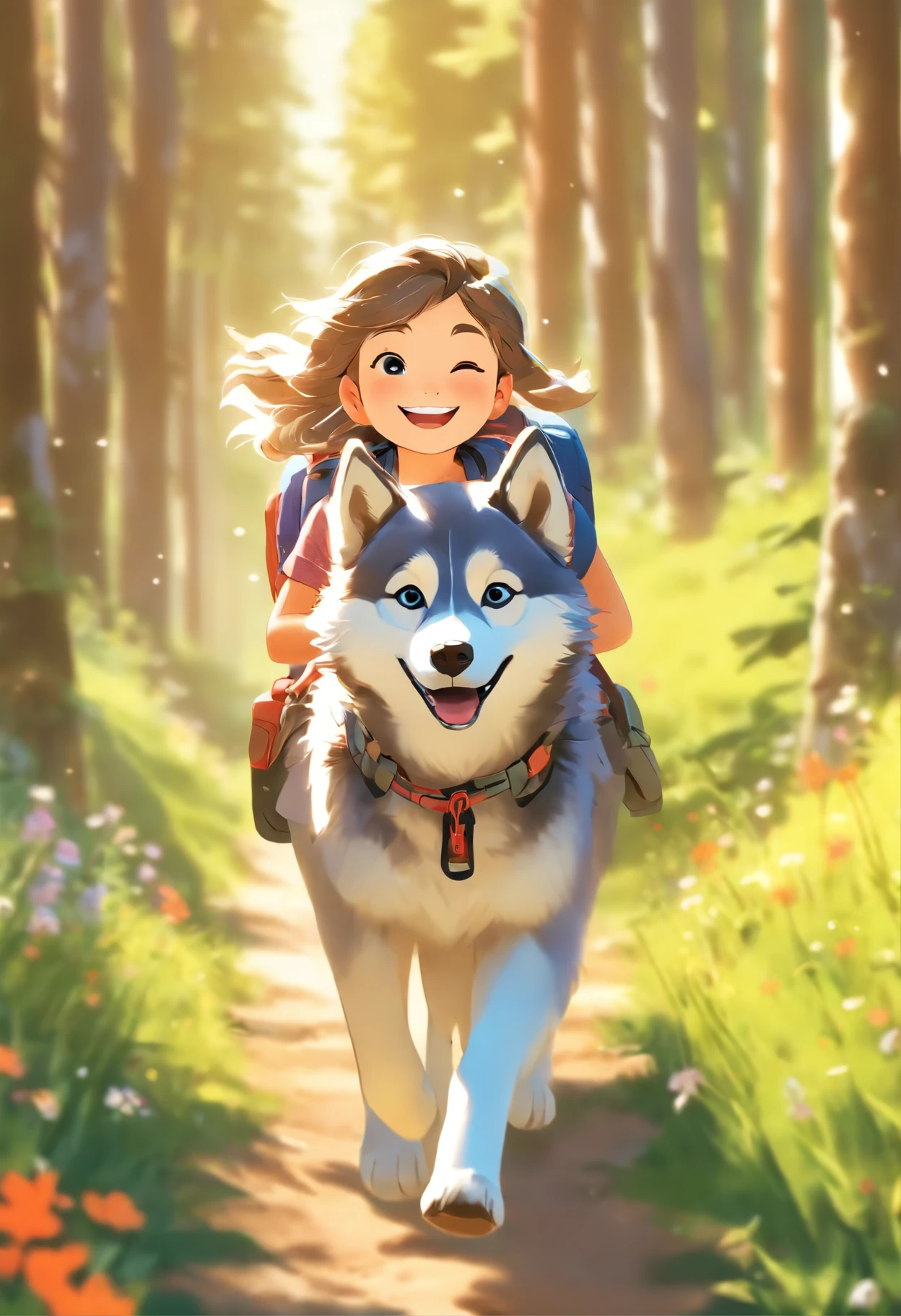 A 6-year-old girl carrying a hiking bag, ssmile, On a forest path, Face the lens, A adorable husky followed, wildflowers, Far Mountain, the woods.
