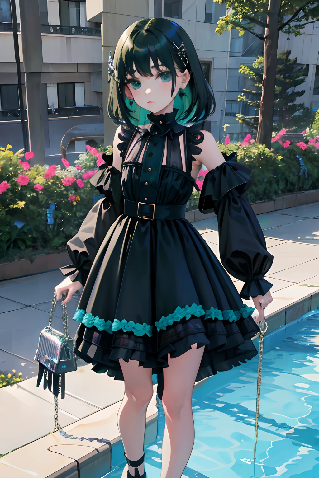 Standing,Knees,Curtsey,lift up one's skirt,(child:1.4),(masterpiece,Highest Quality),(Blue-green goth spank,Burberry Plaid),Sleepy face,A dark-haired,swimming pools