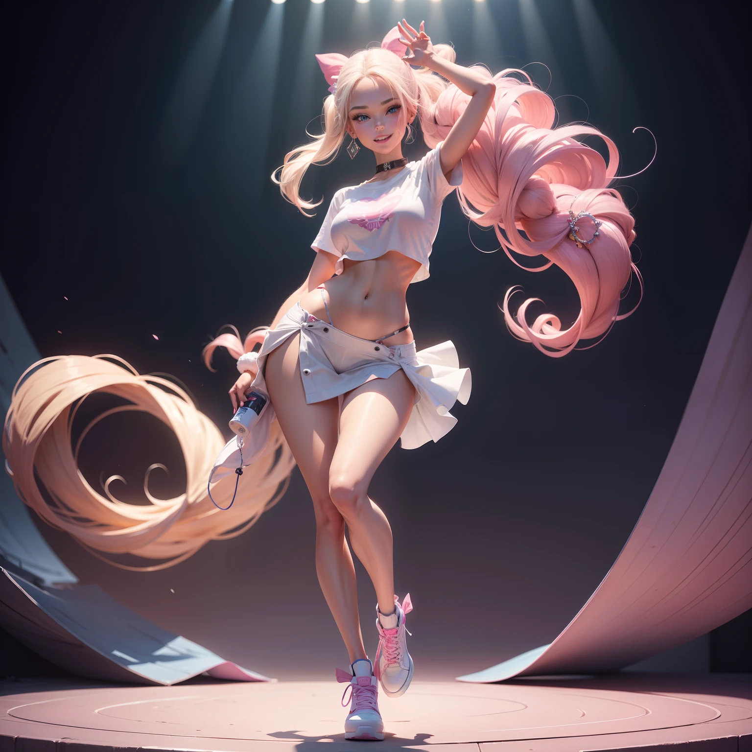 One Barbie, ((Full body)),8th class, Blue eyes, Smiling face, Hair loss swaying in the wind, Hip Hop Singer Pose, Dressed in hip-hop style, Wear a white T-shirt,swarovski,pasties,With a pink bow on the arm, Fashion, Extremely high quality, high details, 8K, clean back ground, in studio, ((Full body shot)),Align your fingers neatly,Accurate Hand Modeling,wave her hand,
