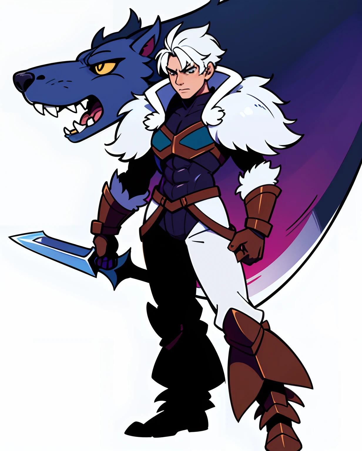 1boy, werewolf, tall, weilding greatsword. Light armor, white fur, character concept art, one collor background