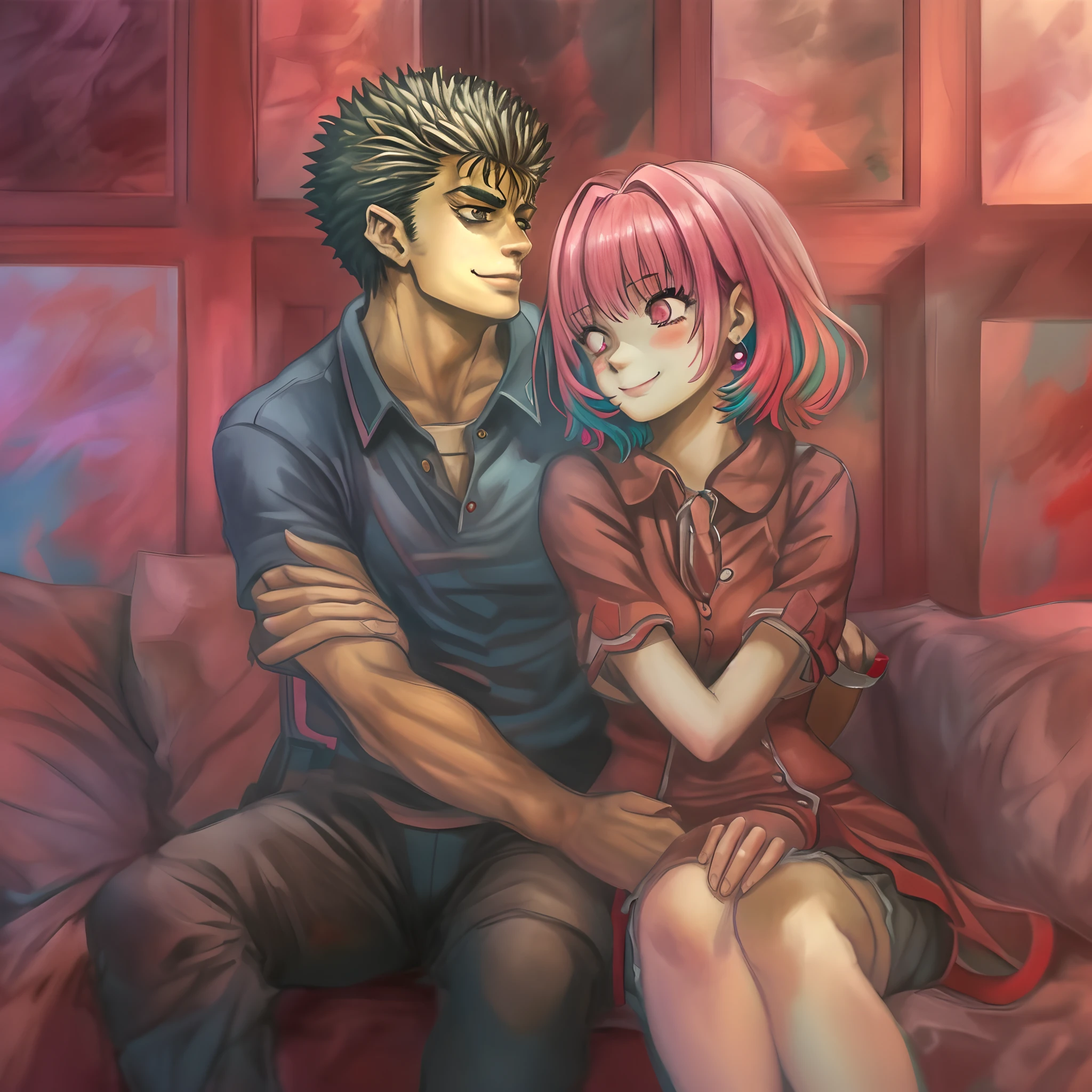 riamu,guts,couple,husband and wife,love dovey couple,sitting,hug,kiss,smile,masterpiece:1.2,ultra-detailed,realistic:1.37,portraits,vivid colors,warm tones,soft lighting