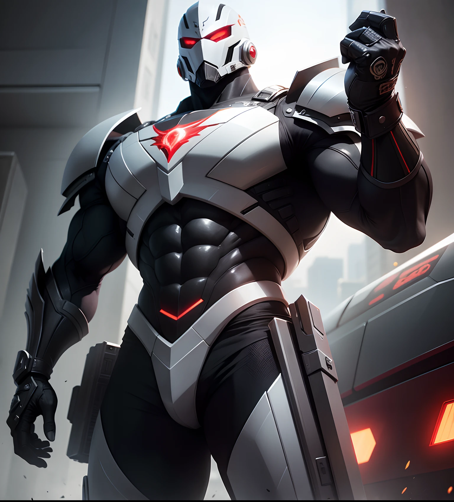 "Un gallo estilizado con armadura de guerrero futurista en metal negro con detalles blancos, ricamente detallado, with emphasis on muscle forms on display. Tiene un arma futurista stilo metralleta que puede disparar laser bolas de fuego y balas de grueso calibre, while his eyes have been dyed ruby red."
