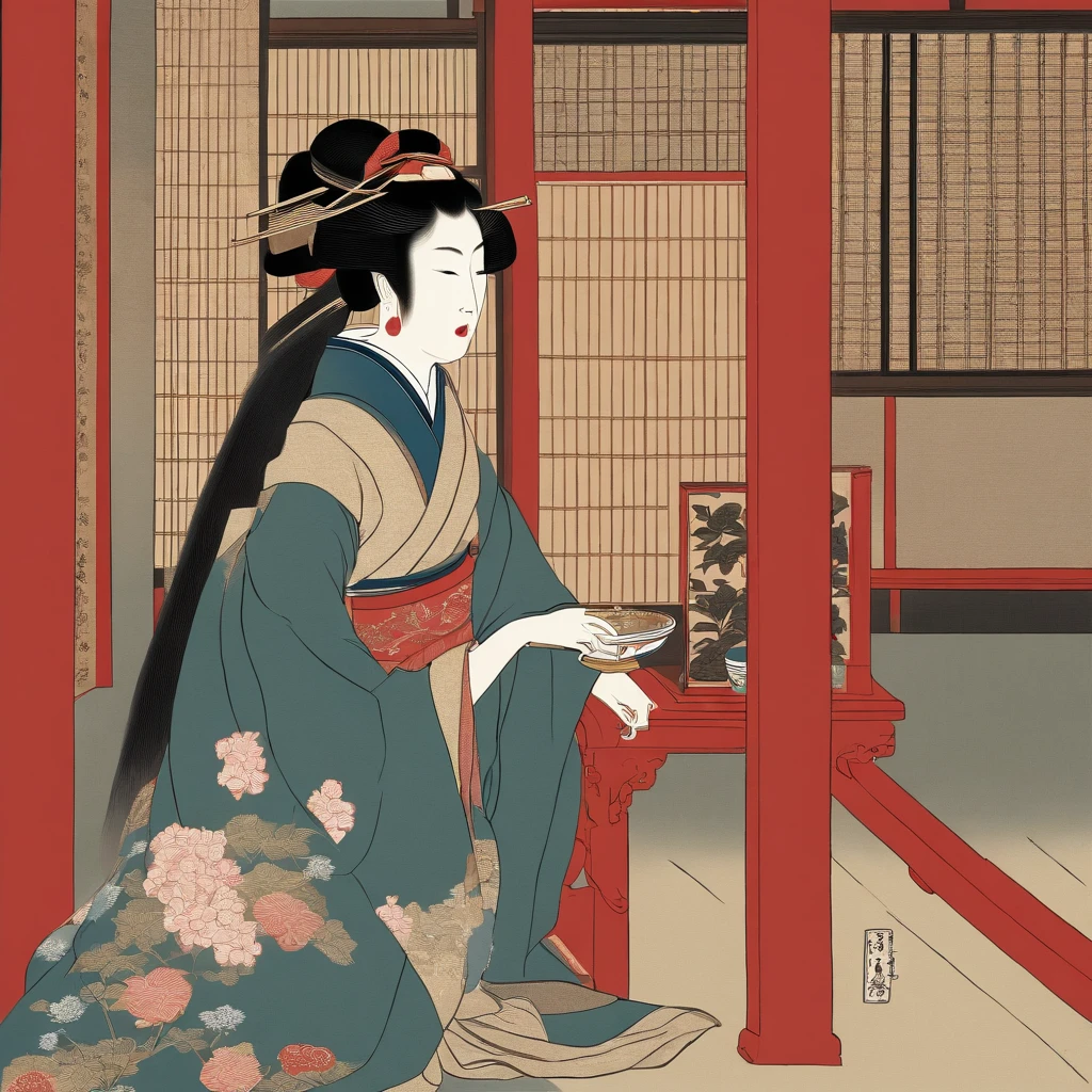 Full body、masutepiece、top-quality、ukiyoe painting　Sharaku　Woman Blowing Beadlo