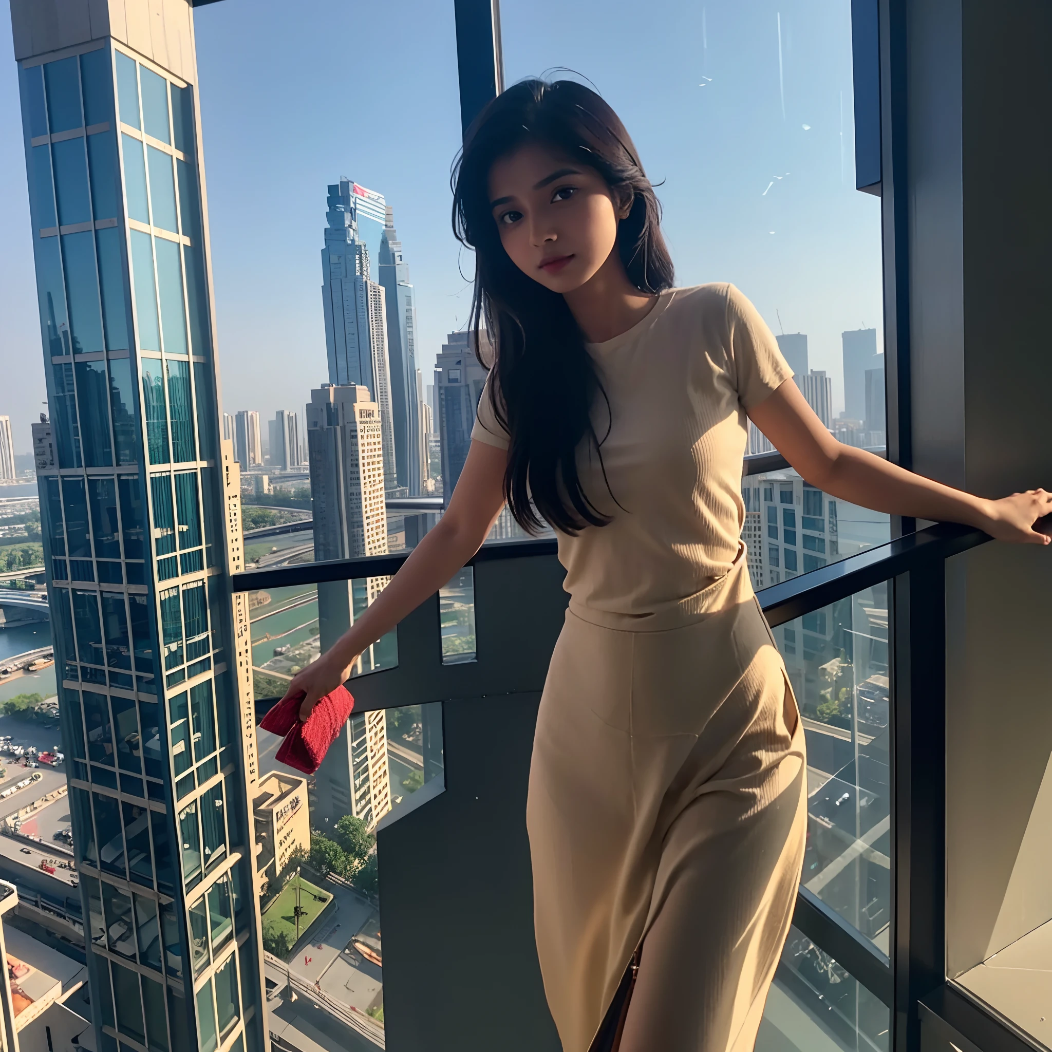 Indian girl on a skyscraper, adult, real, masterpiece. Look at his viewer.
