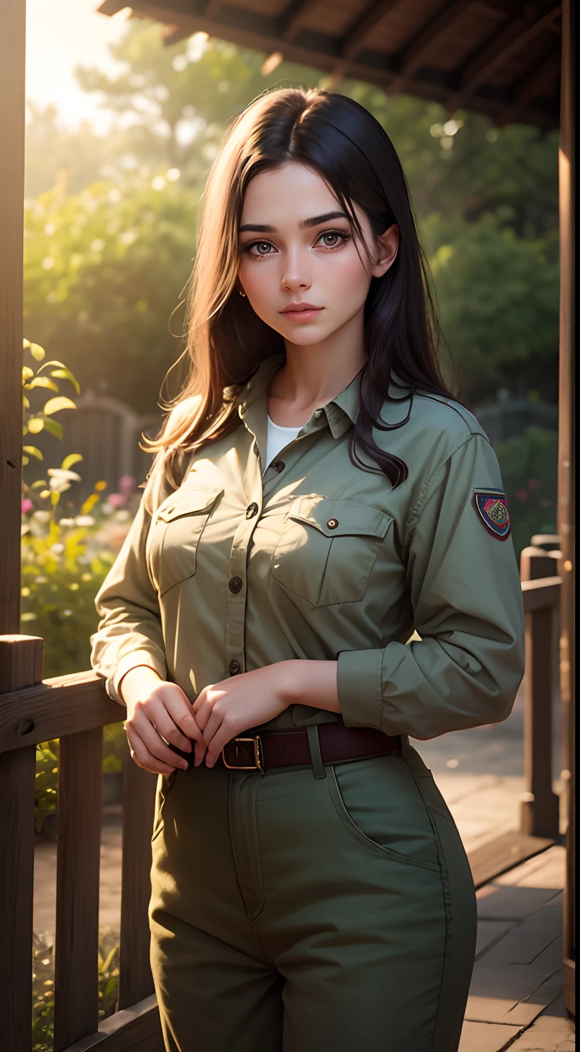 Photo of a young realistic woman 20 years old zookeeper clothes and an animal garden background aged face