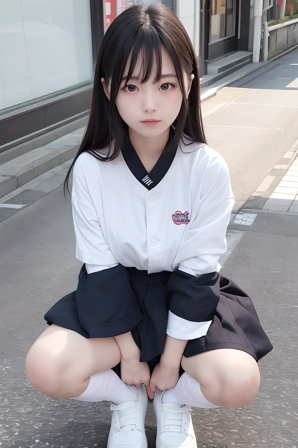 high-level image quality,8K、Daylight、1girll、Japan 19-year-old、woman、full bodyesbian(slender)、a smile,Narrow-eyed,Squatting、opening legs、canal(Otaru)、North Canal、校服、Check skirt、high socks