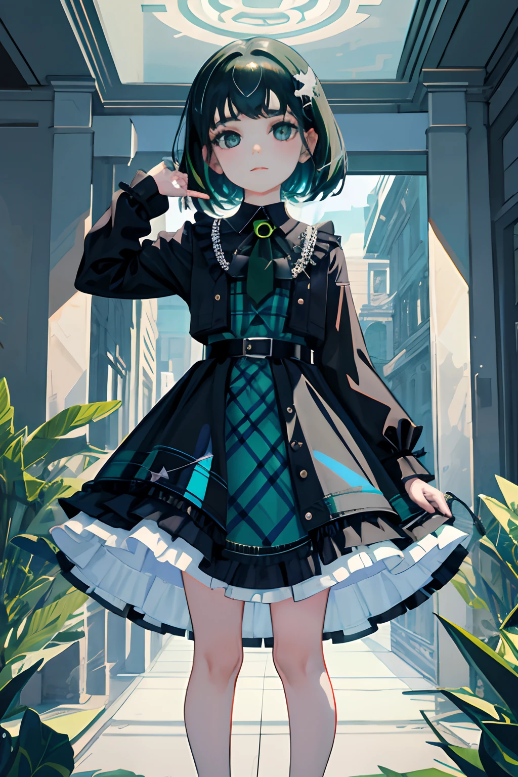 Standing，Knees，Curtsey，lift up one's skirt，(child:1.4)，（​masterpiece，Highest Quality），(Blue-green goth spank，Burberry Plaid)，Sleepy face，A dark-haired，swimming pools