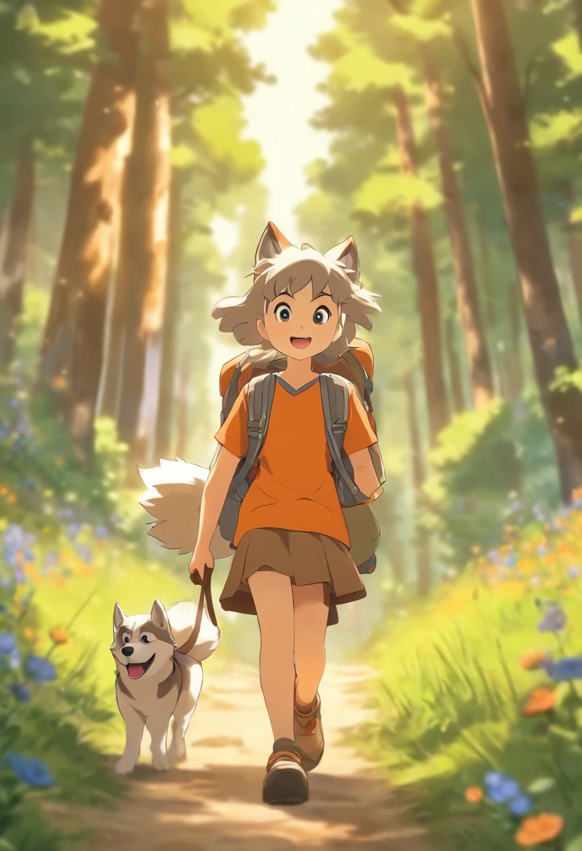 A 6--old l carrying a hiking bag,Wear an orange top,Short brown skirt, On a forest path, Face the lens, A cute husky followed by him, wildflowers, Far Mountain, the woods
