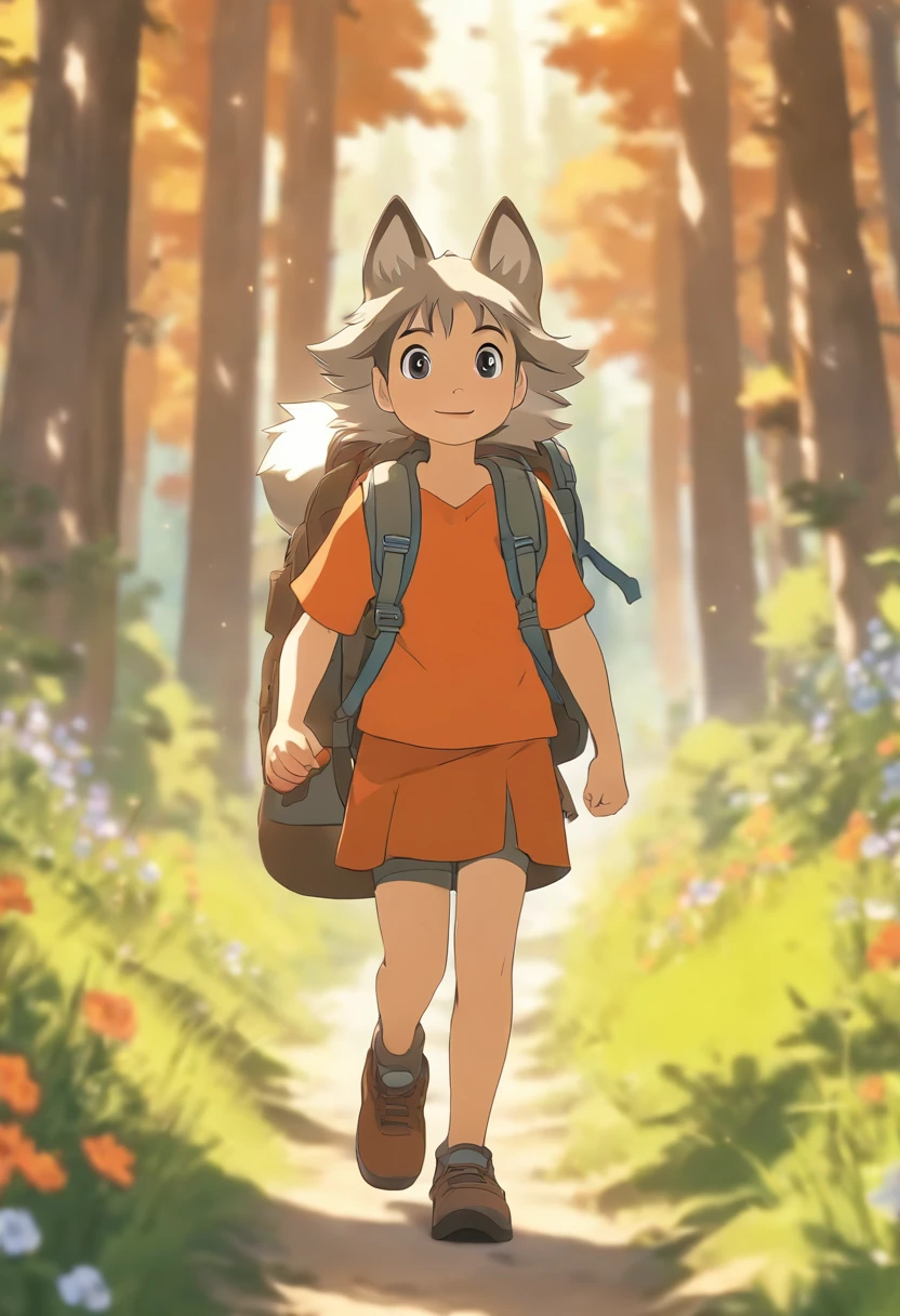 A 6-year-old girl carrying a hiking bag,Wear an orange top,Short brown skirt, On a forest path, Face the lens, A cute husky followed by him, wildflowers, Far Mountain, the woods