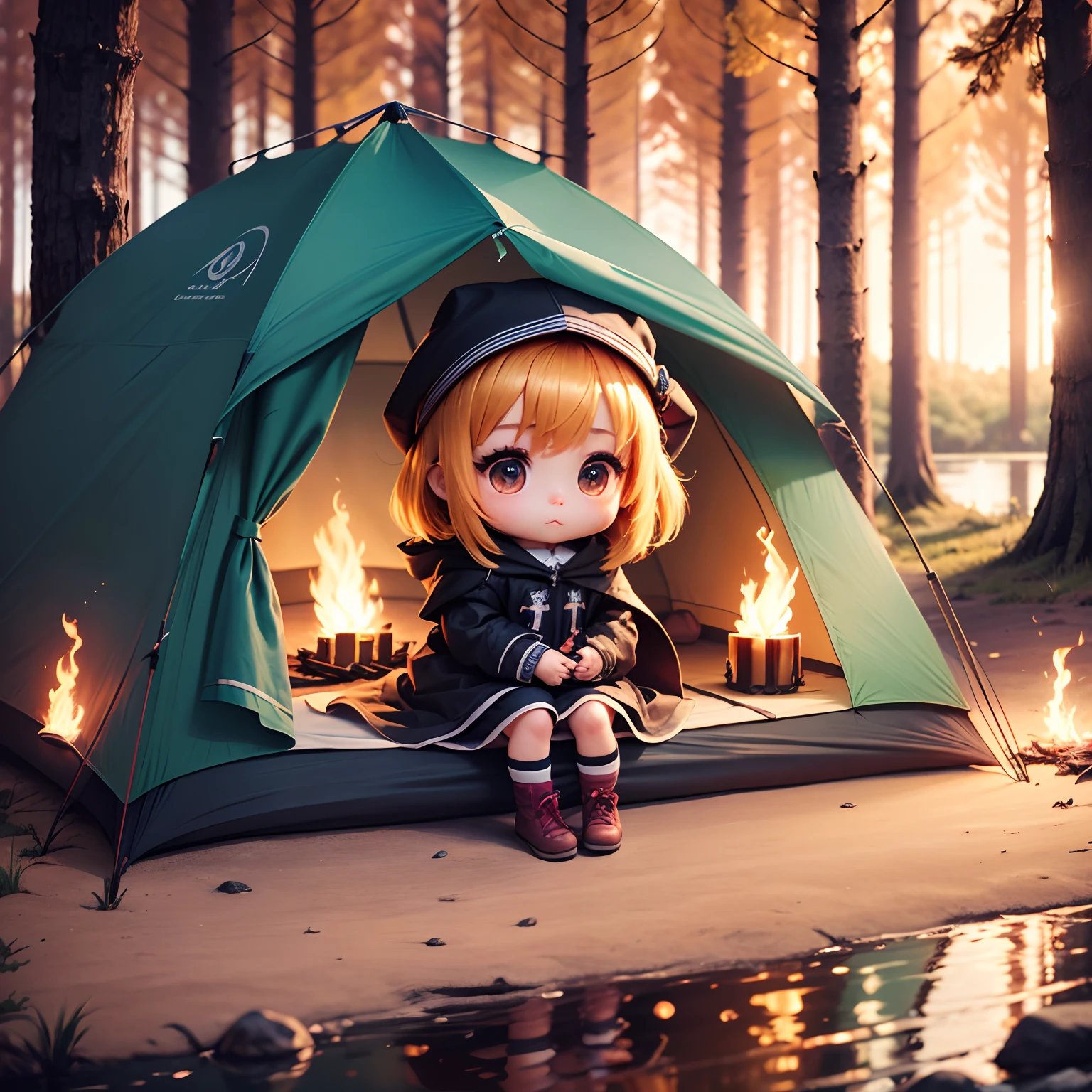 masterpiece、top-quality、ultra-detailliert、(Chibi Chara's Daughter:1.2)、camp、Outside the tent、Camping equipment、bonfire、Sit on recline、Fairytale autumn forest、by lake