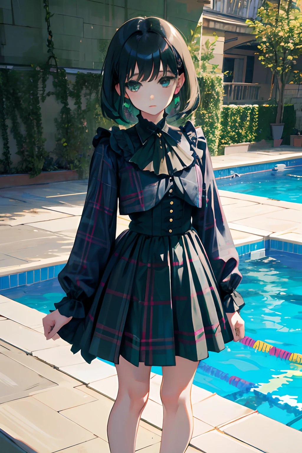 Standing，Knees，Curtsey，lift up one's skirt，(child:1.4)，（​masterpiece，Highest Quality），(Blue-green goth spank，Burberry Plaid)，Sleepy face，A dark-haired，swimming pools