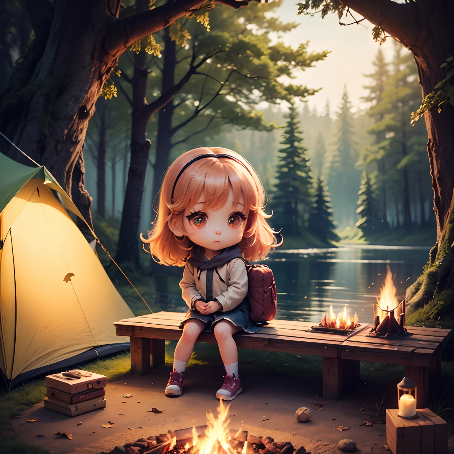 ​masterpiece、top-quality、ultra-detailliert、(Chibi Chara's Daughter:1.2)、camp、Outside the tent、Camping equipment、bonfire、Sit on recline、Fairytale autumn forest、by lake