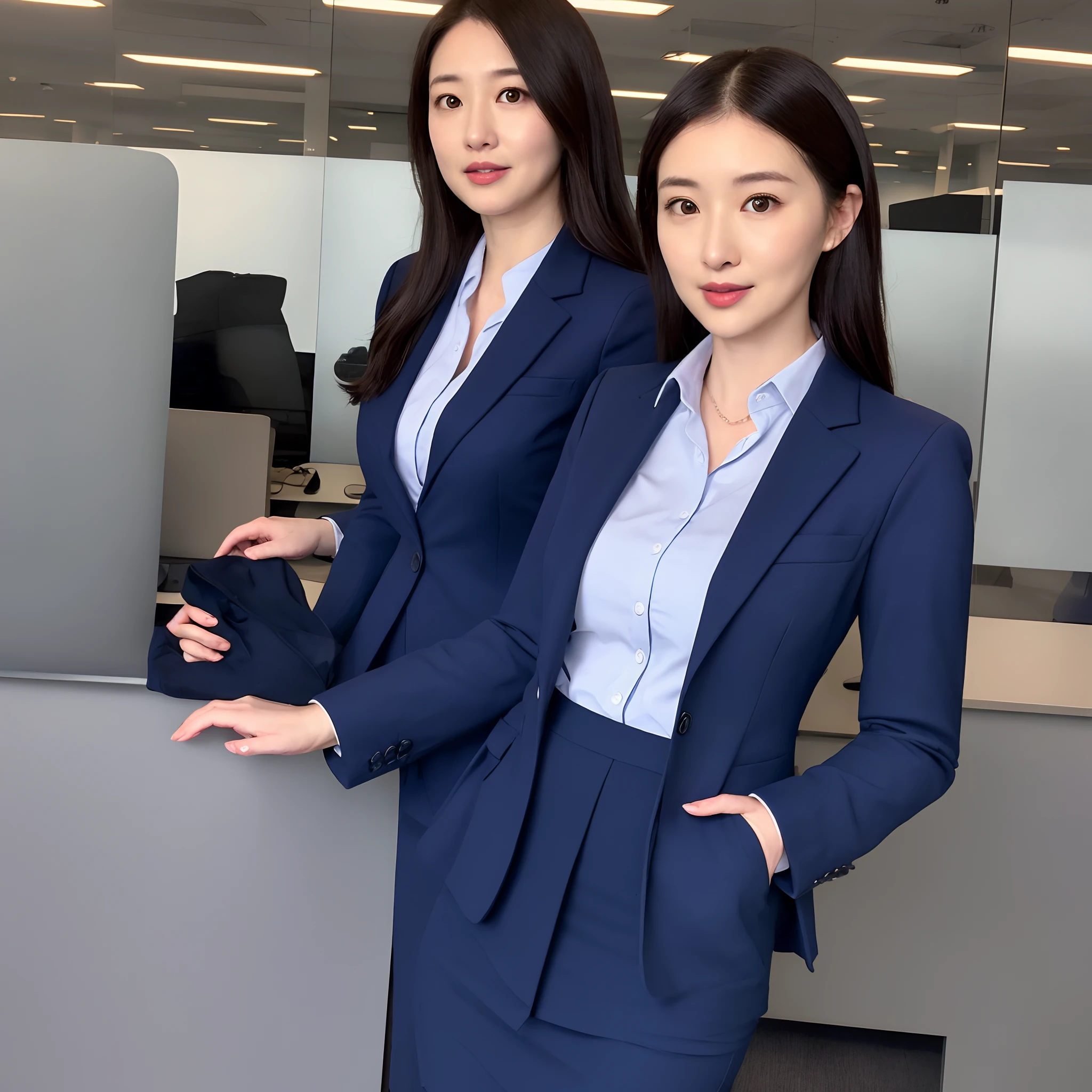 Female office worker in her 30s、Wearing a dark blue suit、tight skirts
