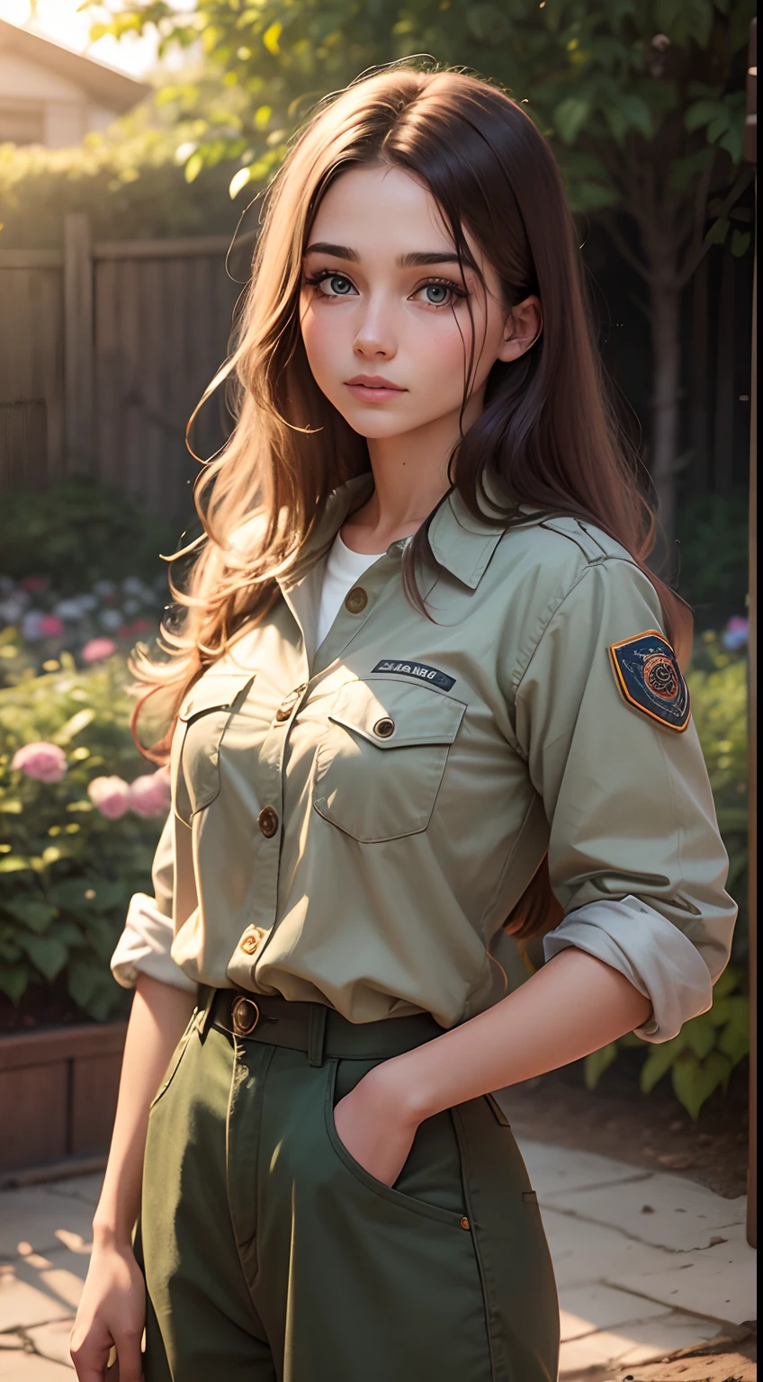 Photo of a young realistic woman 20 years old zookeeper clothes and an animal garden background aged face
