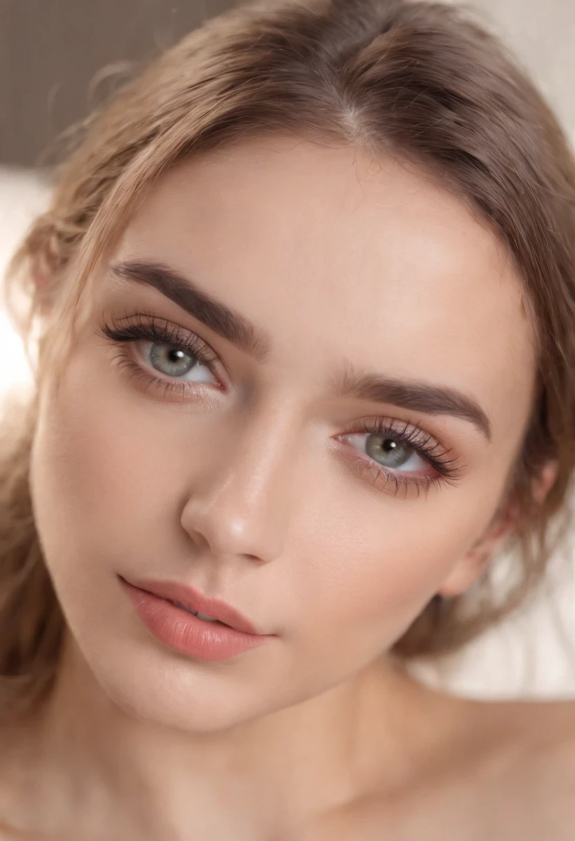 mulher arafed totalmente , menina sexy com olhos azuis, ultra realistic, meticulosamente detalhado, Retrato Sophie Mudd, cabelos escuros e olhos grandes, selfie de uma jovem mulher, Olhos do quarto, Violeta Myers, sem maquiagem, maquiagem natural, Looking directly at the camera, Rosto com ArtGram, maquiagem sutil, impressionante tiro de corpo inteiro ajoelhado na cama, no quarto, busto de tamanho grande, ultra-realista, sensual