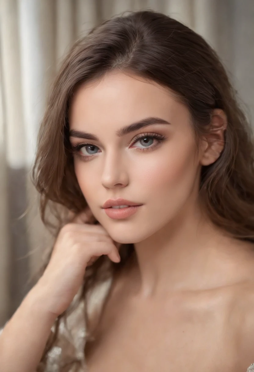 mulher arafed totalmente , menina sexy com olhos azuis, ultra realistic, meticulosamente detalhado, Retrato Sophie Mudd, cabelos escuros e olhos grandes, selfie de uma jovem mulher, Olhos do quarto, Violeta Myers, sem maquiagem, maquiagem natural, Looking directly at the camera, Rosto com ArtGram, maquiagem sutil, impressionante tiro de corpo inteiro ajoelhado na cama, no quarto, busto de tamanho grande, ultra-realista, sensual