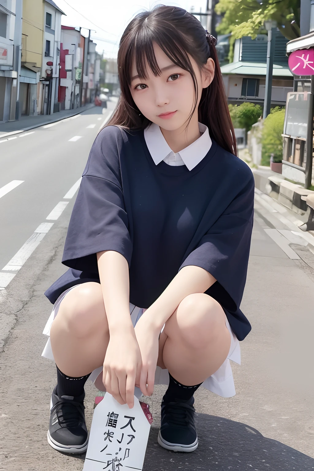 high-level image quality,8K、Daylight、1girll、Japan 19-year-old、woman、full bodyesbian(slender)、a smile,Narrow-eyed,Squatting、opening legs、canal(Otaru)、North Canal、校服、Check skirt、high socks