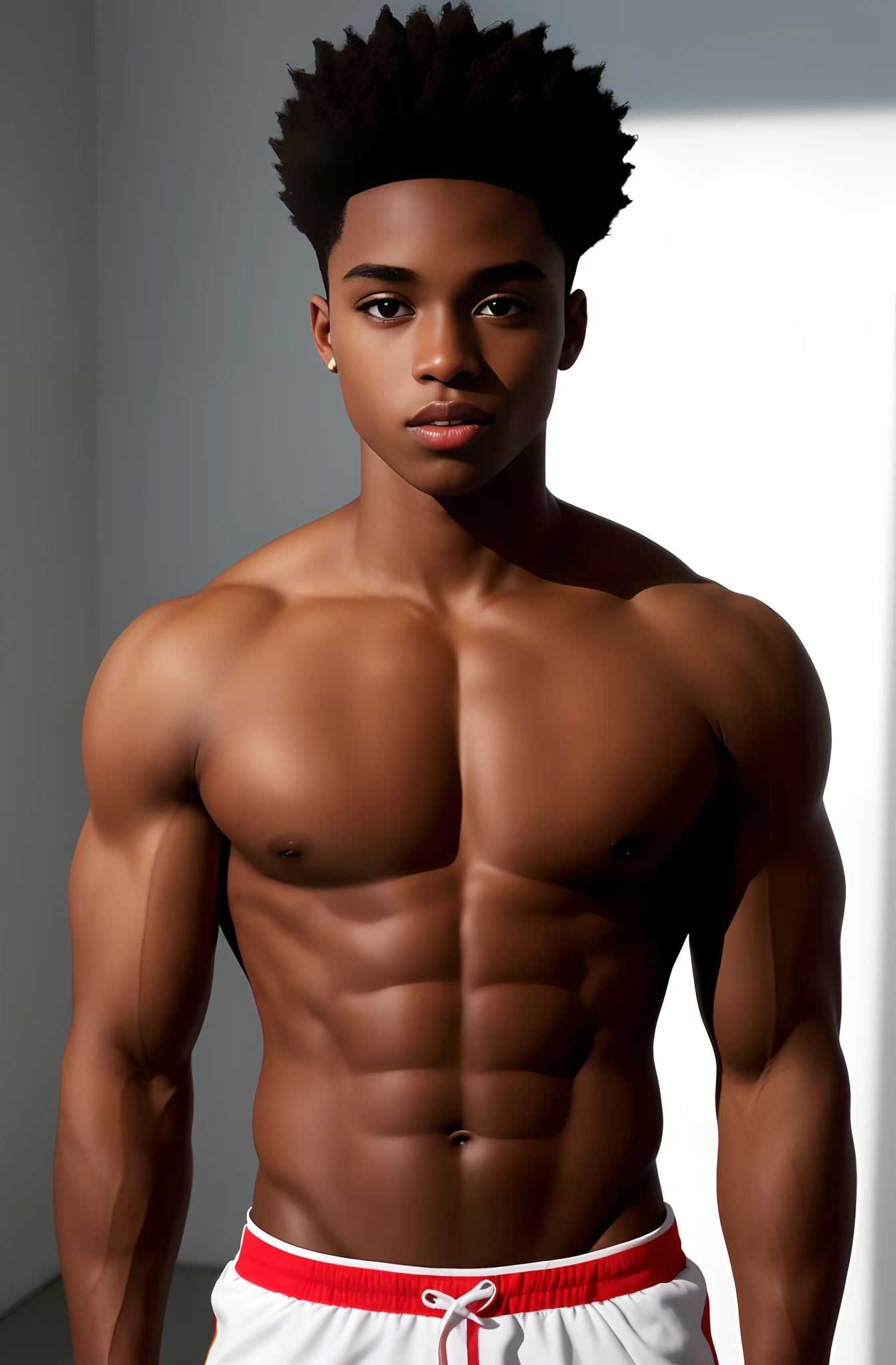 Um jovem africano , 1boy, pele negra , pele detalhada, 1boy, ((realista)), abs, good lighting quality, veias musculares, ((pale skinned)), ciclista, (obra-prima, ultra qualidade, alta resolução, 8k, intrincado: 1.2), (rosto detalhado: 1.2), bonito, vestindo uniforme de ciclismo preto apertado, 1boy, solo, olhando para o espectador, balance eyes, (((de baixo))), quarto, (contato visual), cabelo afro, vestindo camisa, anime version, plaits