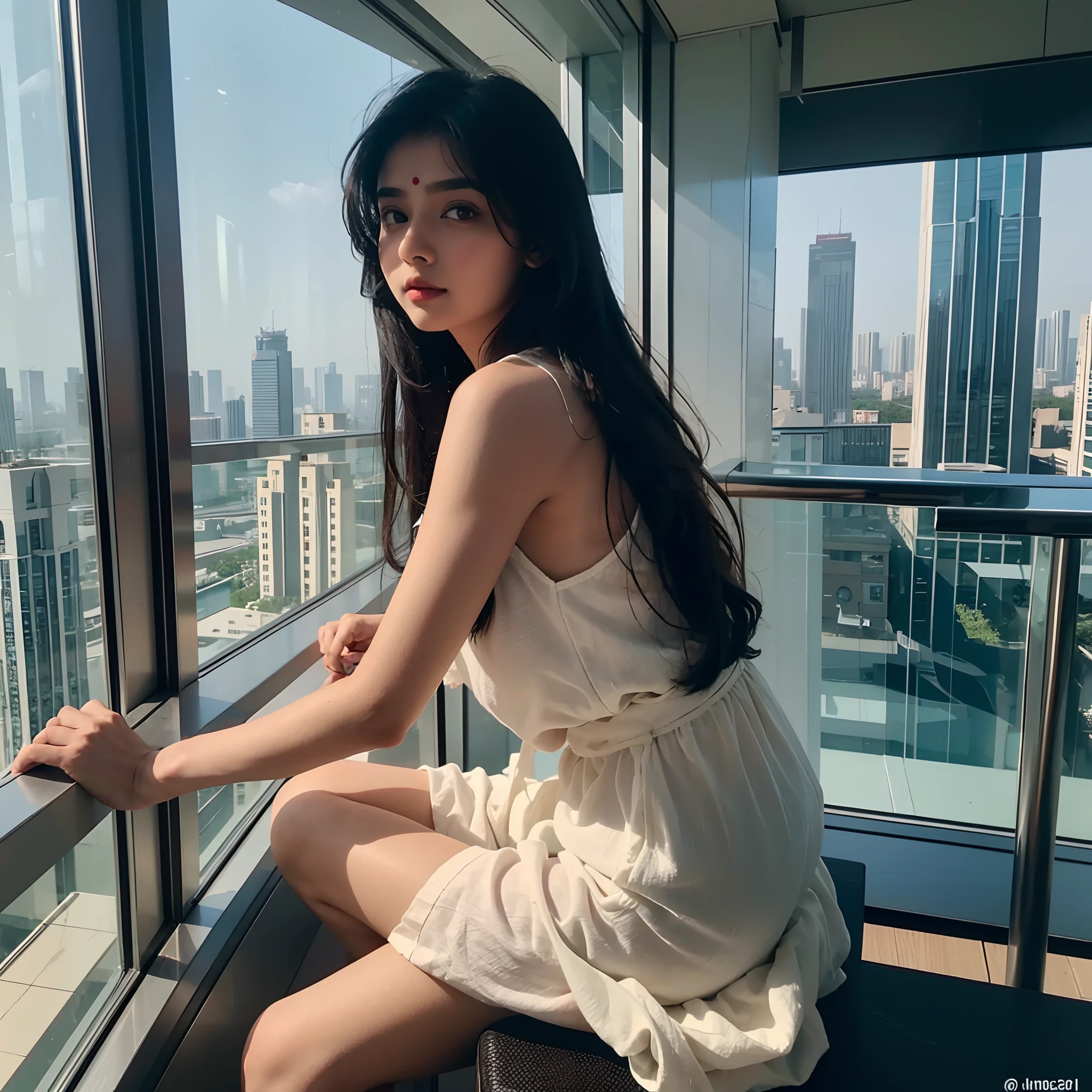 Indian girl on a skyscraper, adult, real, masterpiece. Look at his viewer.