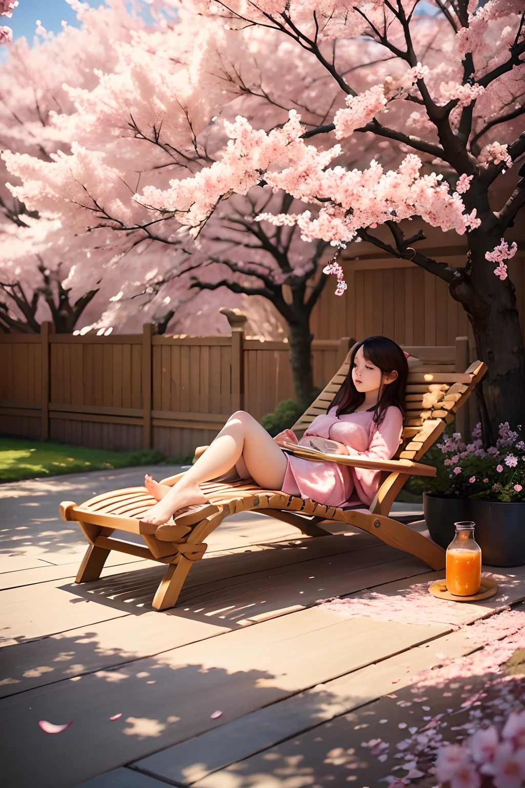 Create an abstract painting featuring Marmalade resting under a cherry blossom tree atop a book. Imagine an imaginative and whimsical scene where vibrant strokes and playful shapes come together. Picture Marmalade, a character, lounging on a slice of bread, adorned with marmalade, under the shade of a cherry blossom tree. The tree's delicate pink blossoms cascade over the scene, creating a serene atmosphere. The bread and marmalade are depicted in a surreal, abstract manner, blending with the colors of the blossoms and the pages of the open book below. Capture the delightful contrast between the warm tones of the bread, the vivid hues of the marmalade, and the soft, pastel shades of the cherry blossoms. Convey a sense of whimsy and tranquility, evoking a dreamlike ambiance beneath the blooming sakura tree.