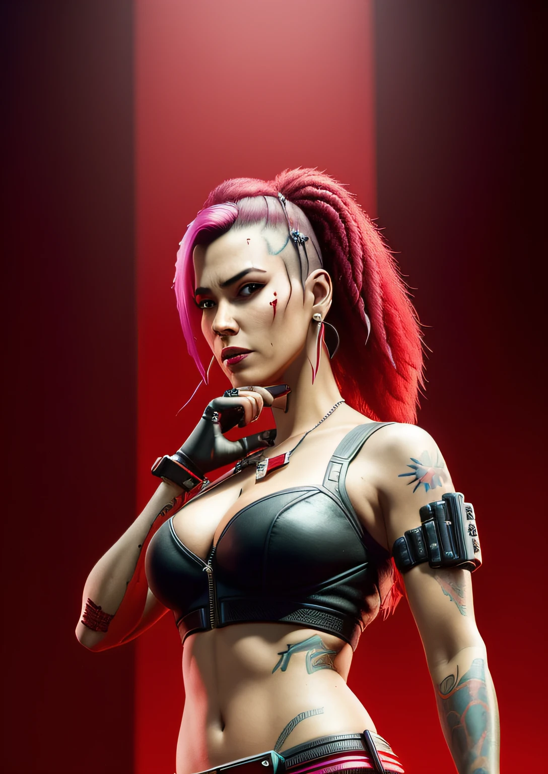 arafed image of a woman holding a knife in front of a red background, cyberpunk 2 0 7 7 character art, cyberpunk judy alvarez, cyberpunk art 2077, cyberpunk digital art, cyberpunk jackie welles, ( ( cyberpunk ) ), cyberpunk 2077”, cyberpunk digital painting, female cyberpunk, cyberpunk women, cyberpunk character art