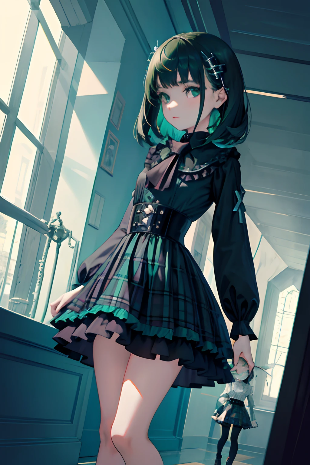 Standing，Knees，Curtsey，lift up one's skirt，(child:1.4)，（​masterpiece，Highest Quality），(Blue-green goth spank，Burberry Plaid)，Sleepy face，A dark-haired，swimming pools