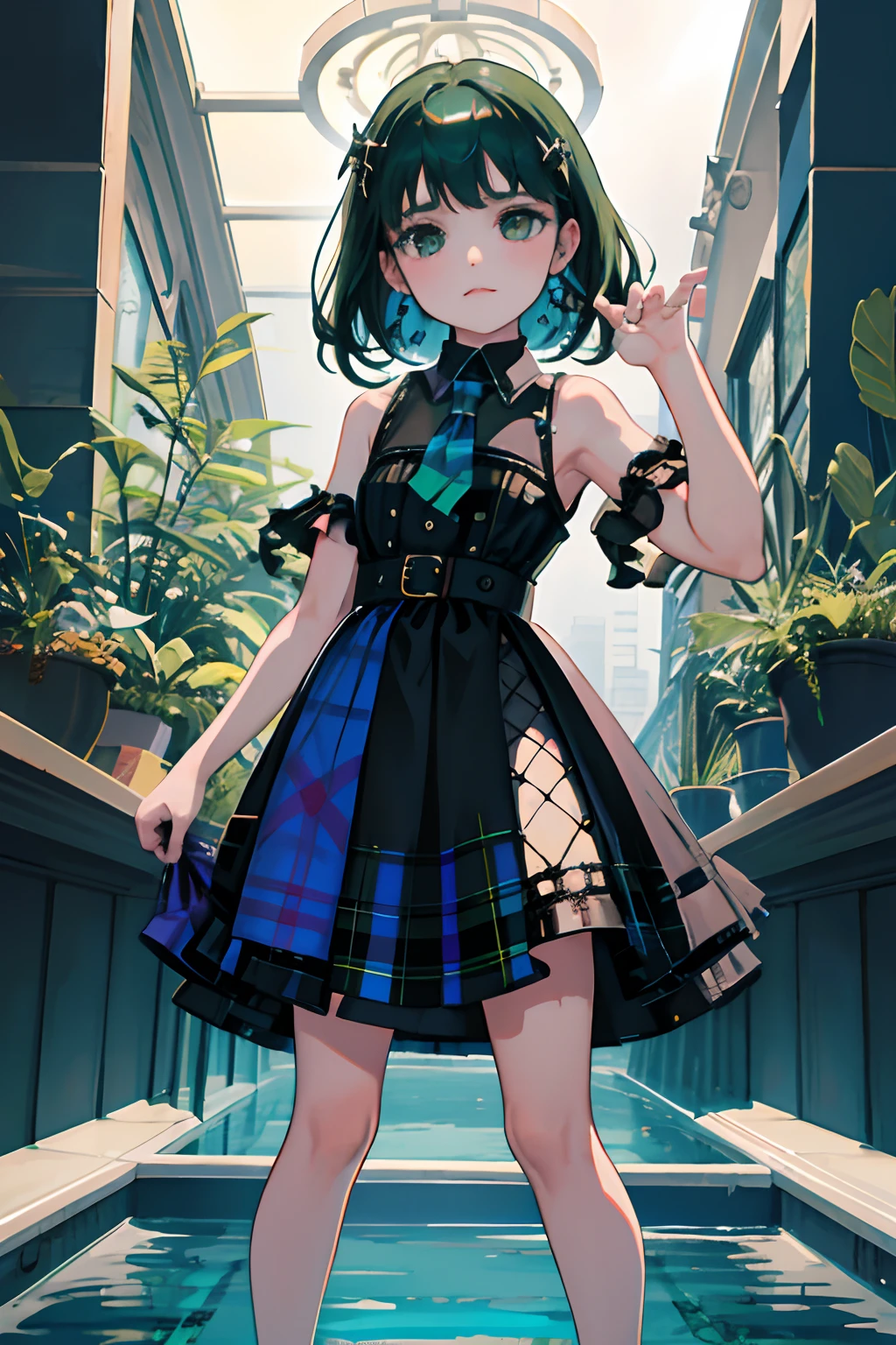 Standing,Knees,Curtsey,lift up one's skirt,(child:1.4),(masterpiece,Highest Quality),(Blue-green goth spank,Burberry Plaid),Sleepy face,A dark-haired,swimming pools