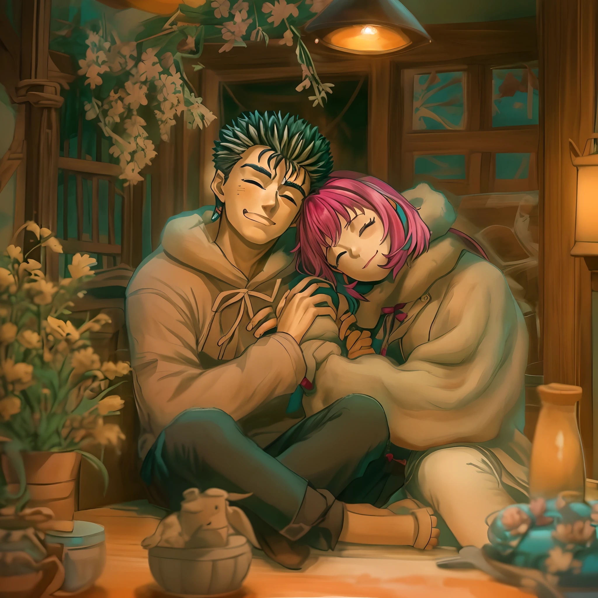 A loving couple, Riamu and Guts, sitting together in a warm and cozy environment. They are embracing each other with a tight and loving hug, with smiles on their faces. Their love and affection are evident in their expressions. The scene is filled with vivid colors and warm tones, creating a romantic and intimate atmosphere. Soft lighting enhances the tenderness of the moment, adding a touch of warmth and comfort to the scene. The couple's love for each other is palpable, radiating happiness and joy.
