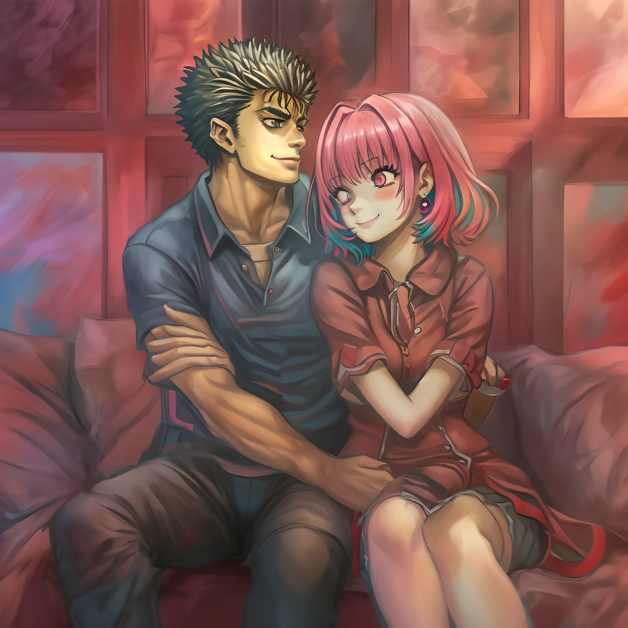 riamu,guts,couple,husband and wife,love dovey couple,sitting,hug,kiss,smile,masterpiece:1.2,ultra-detailed,realistic:1.37,portraits,vivid colors,warm tones,soft lighting