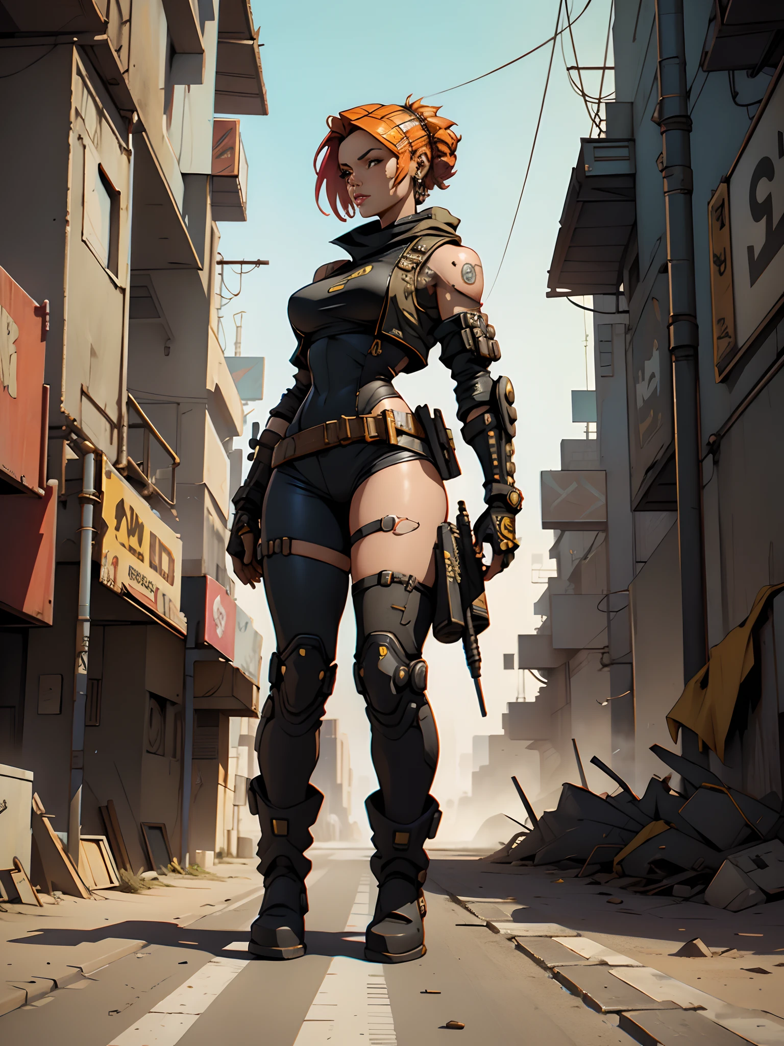 A female collectible heroine in Mad Max Design, Parecido com queen bee Figure. caminhando, Dystopian world in the background, fotorrealista, 4k, Cyberpunk
