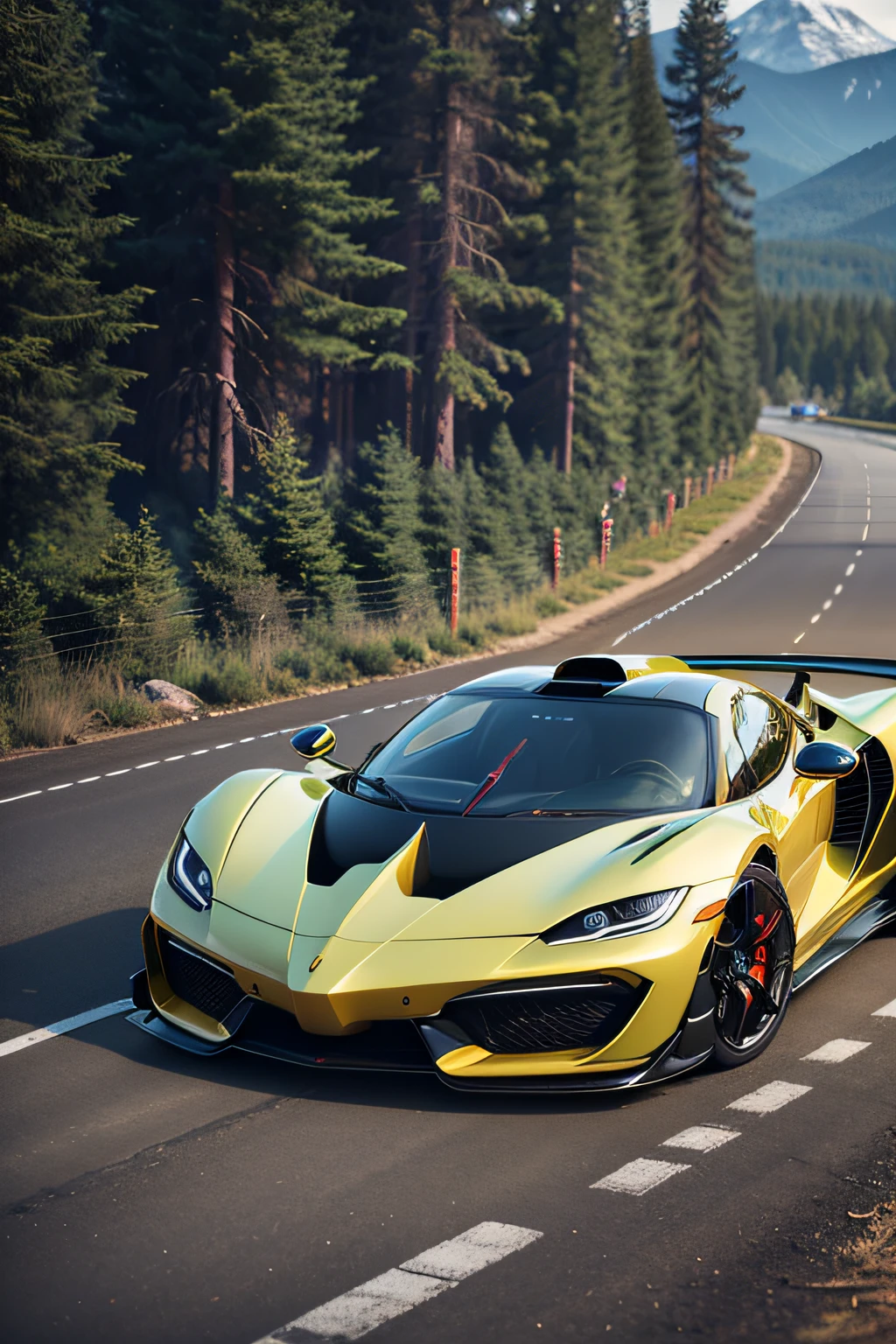 A Ultra realistic photo of a Hyper car in a forest road with mountains in background. 8K, HDR, 4K Ultra detail. --ar 16:16 --upbeta --v 4
