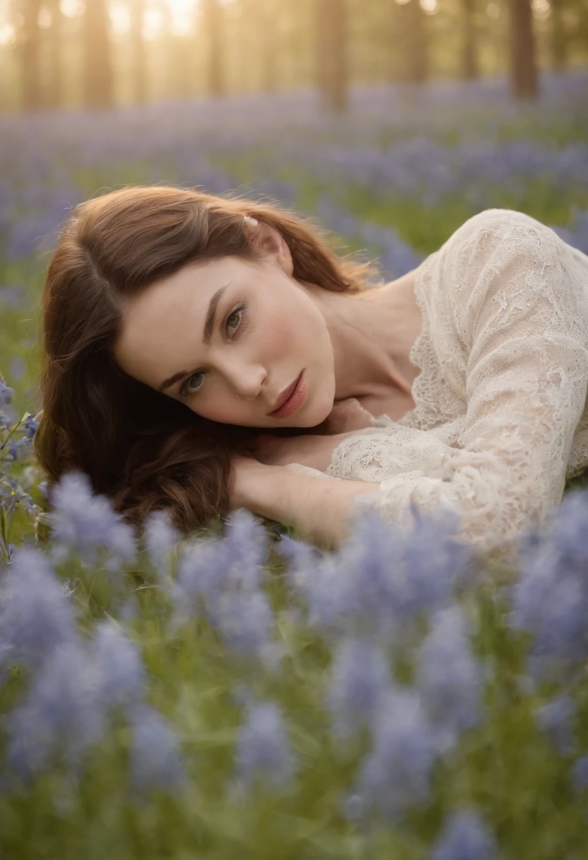 a woman laying in a field of bluebells, looks like young liv tyler, portrait emily ratajkowski, “megan fox, beautifull eyes, beautiful caitriona balfe, david hamilton, :: madison beer, forest plains of yorkshire, cottage hippie naturalist, seducing eyes